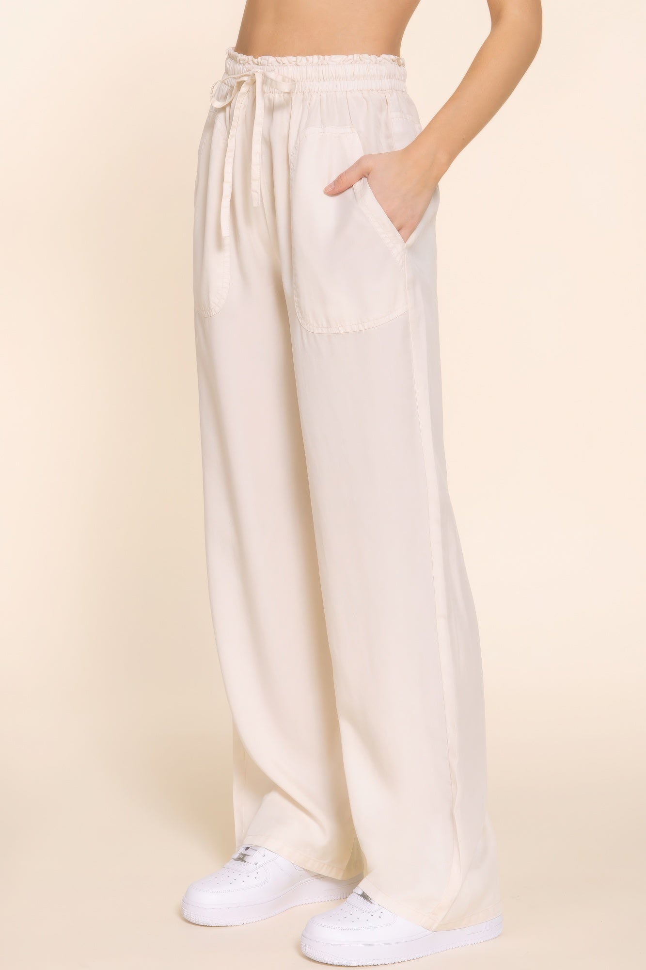Women's Tencel Pants Elastic Waist Wide Leg Trousers Baggy Casual Long Pants