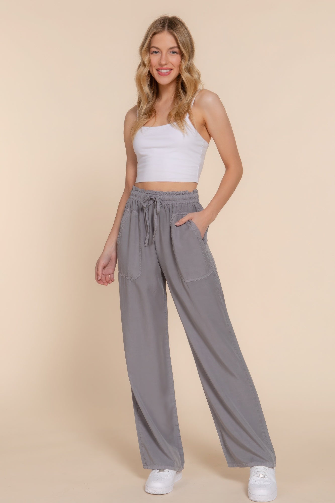 Women's Tencel Pants Elastic Waist Wide Leg Trousers Baggy Casual Long Pants