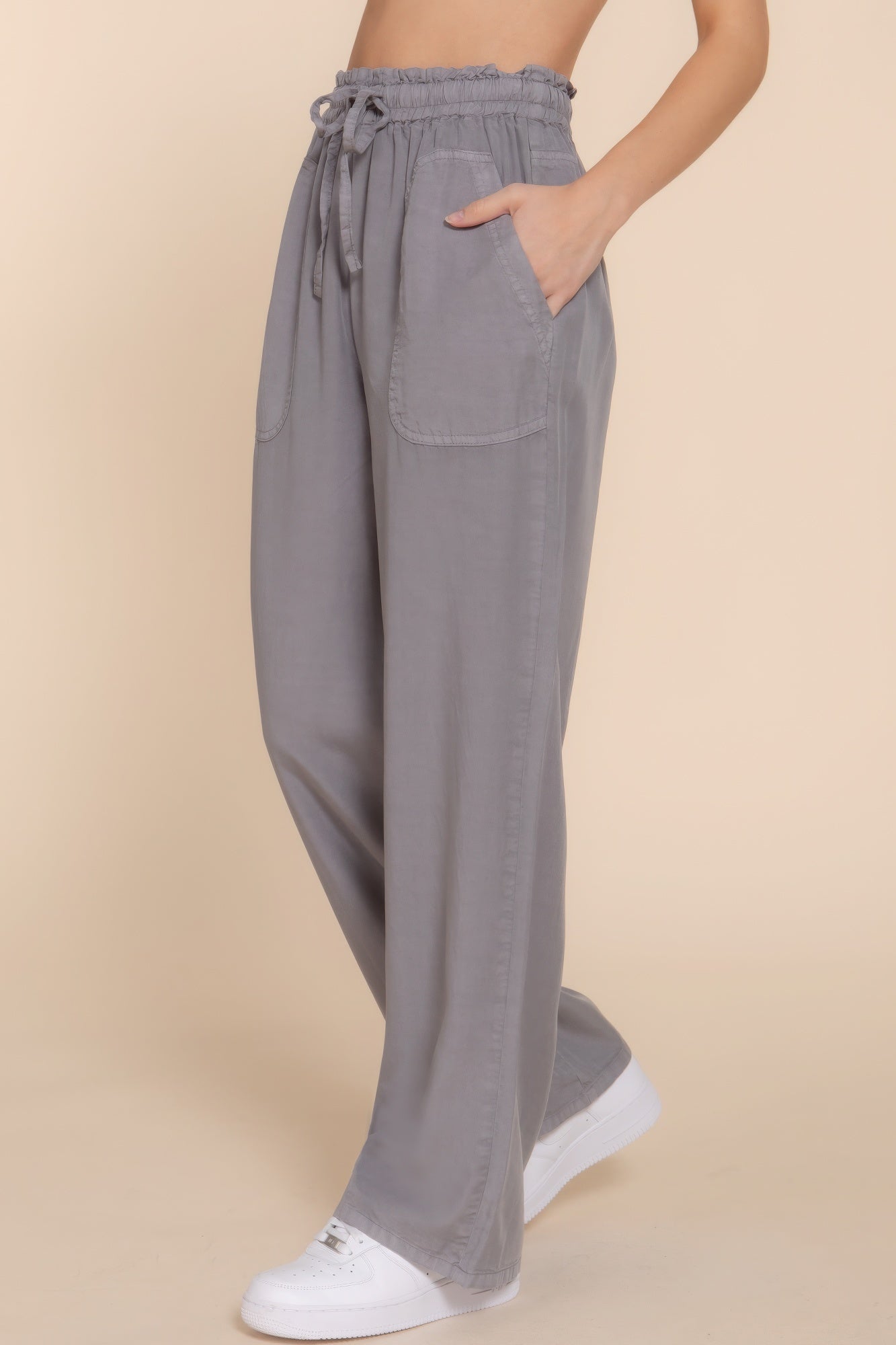 Women's Tencel Pants Elastic Waist Wide Leg Trousers Baggy Casual Long Pants