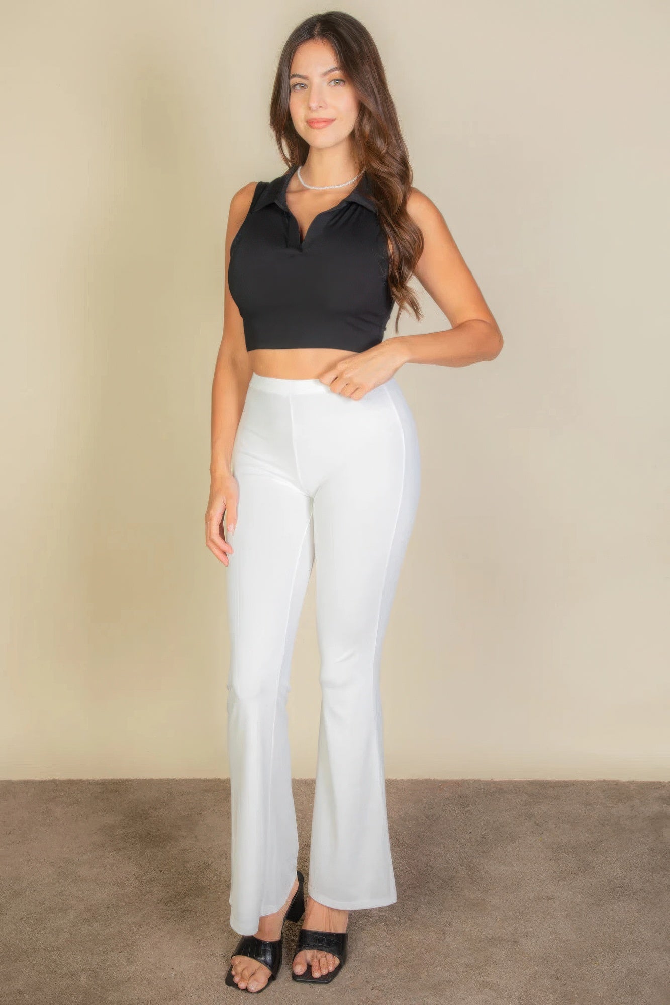 Women's Cropped Polo Neck Tank Top Sleeveless Stretch Ribbed Knit Solid