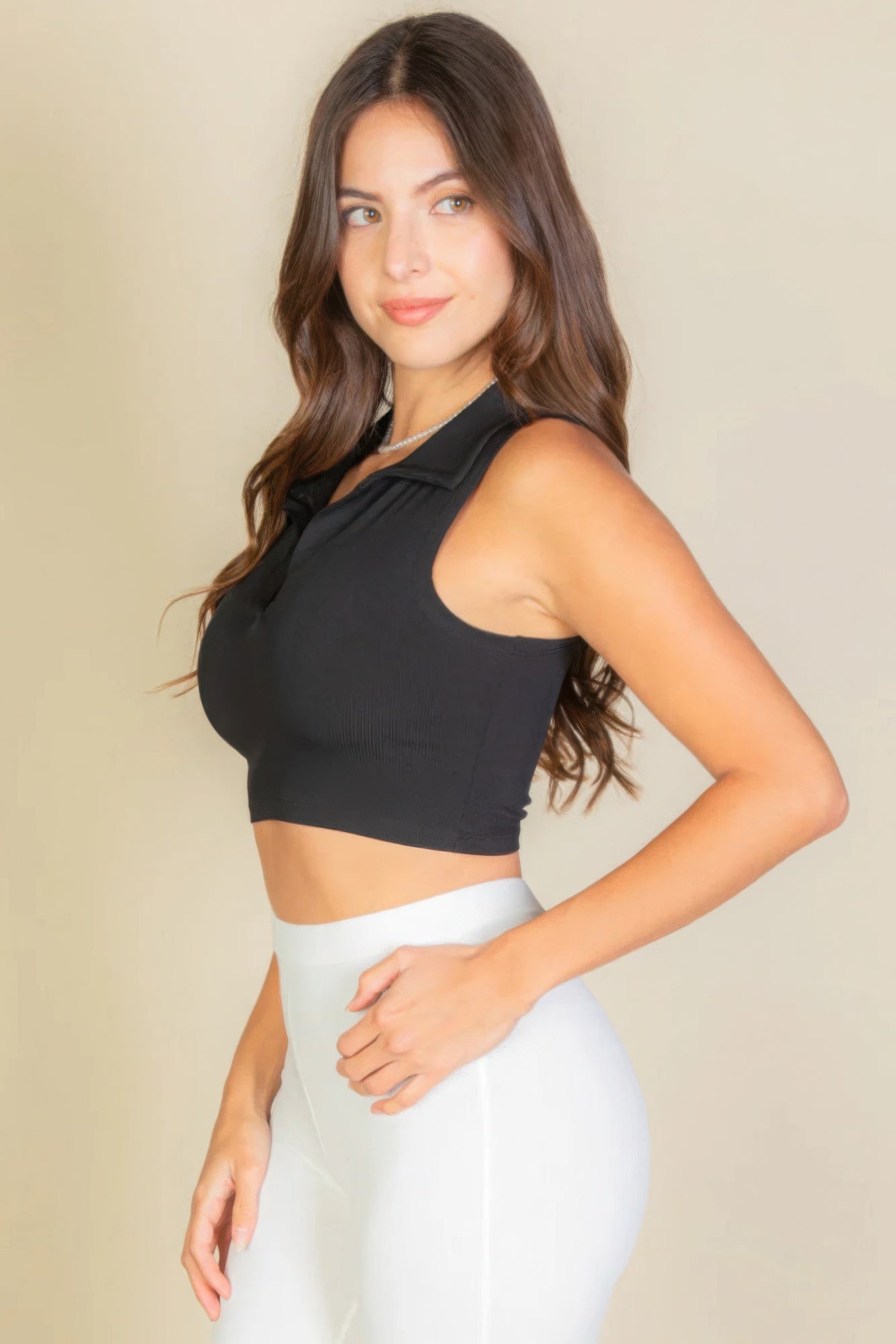 Women's Cropped Polo Neck Tank Top Sleeveless Stretch Ribbed Knit Solid