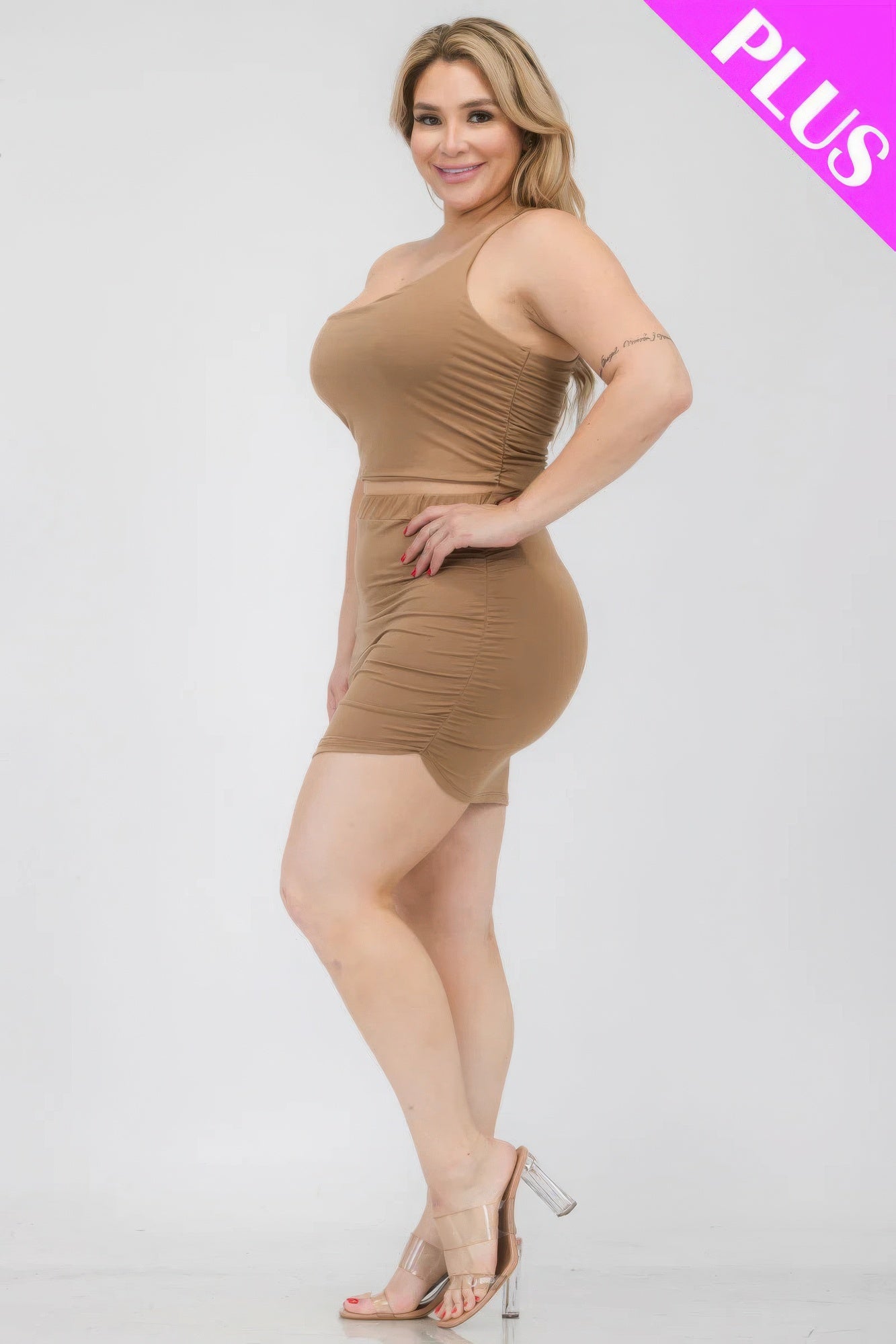 Women's Plus One Shoulder Ruched Party Crop Top & Mini Skirt Set Dress Outfit