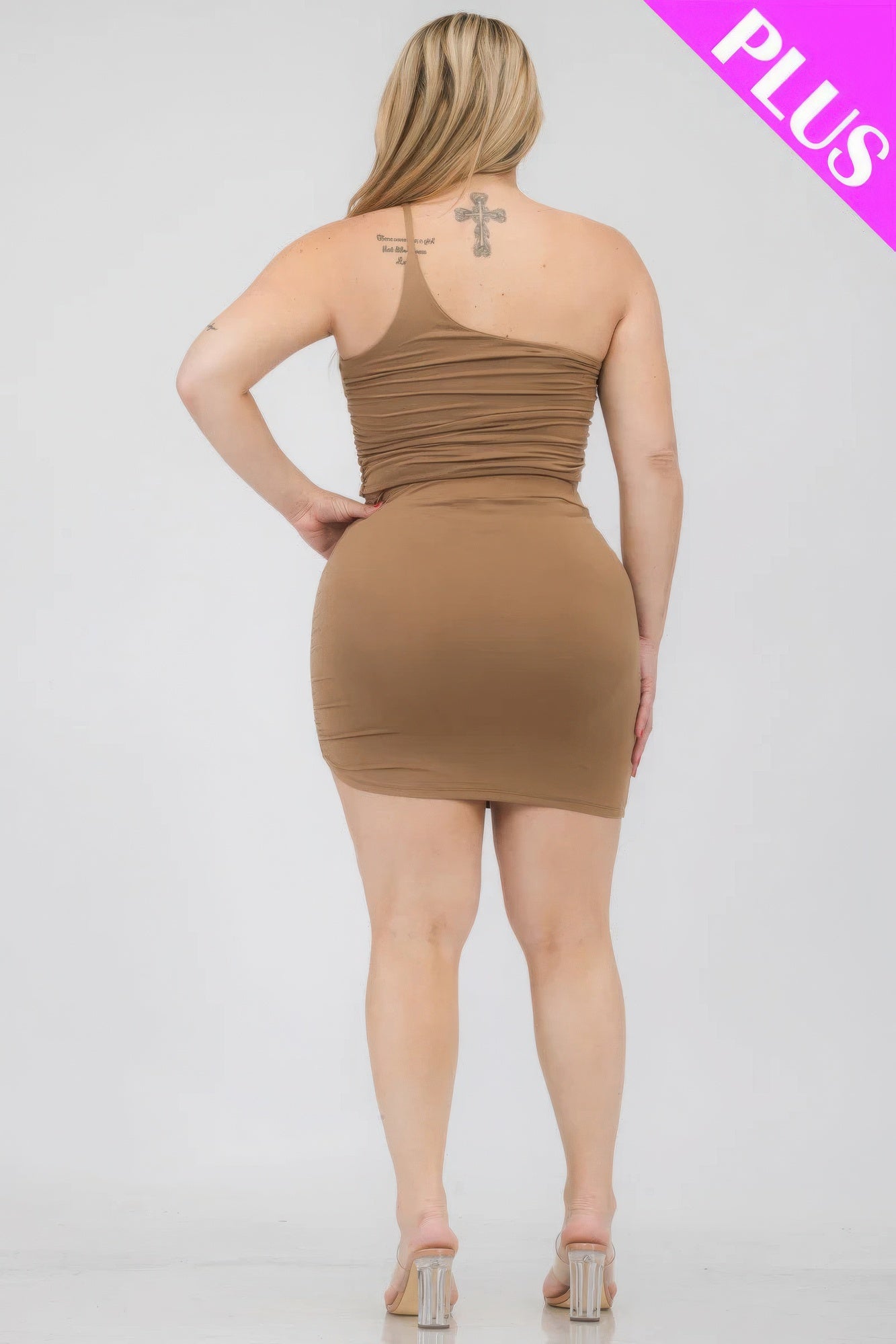 Women's Plus One Shoulder Ruched Party Crop Top & Mini Skirt Set Dress Outfit