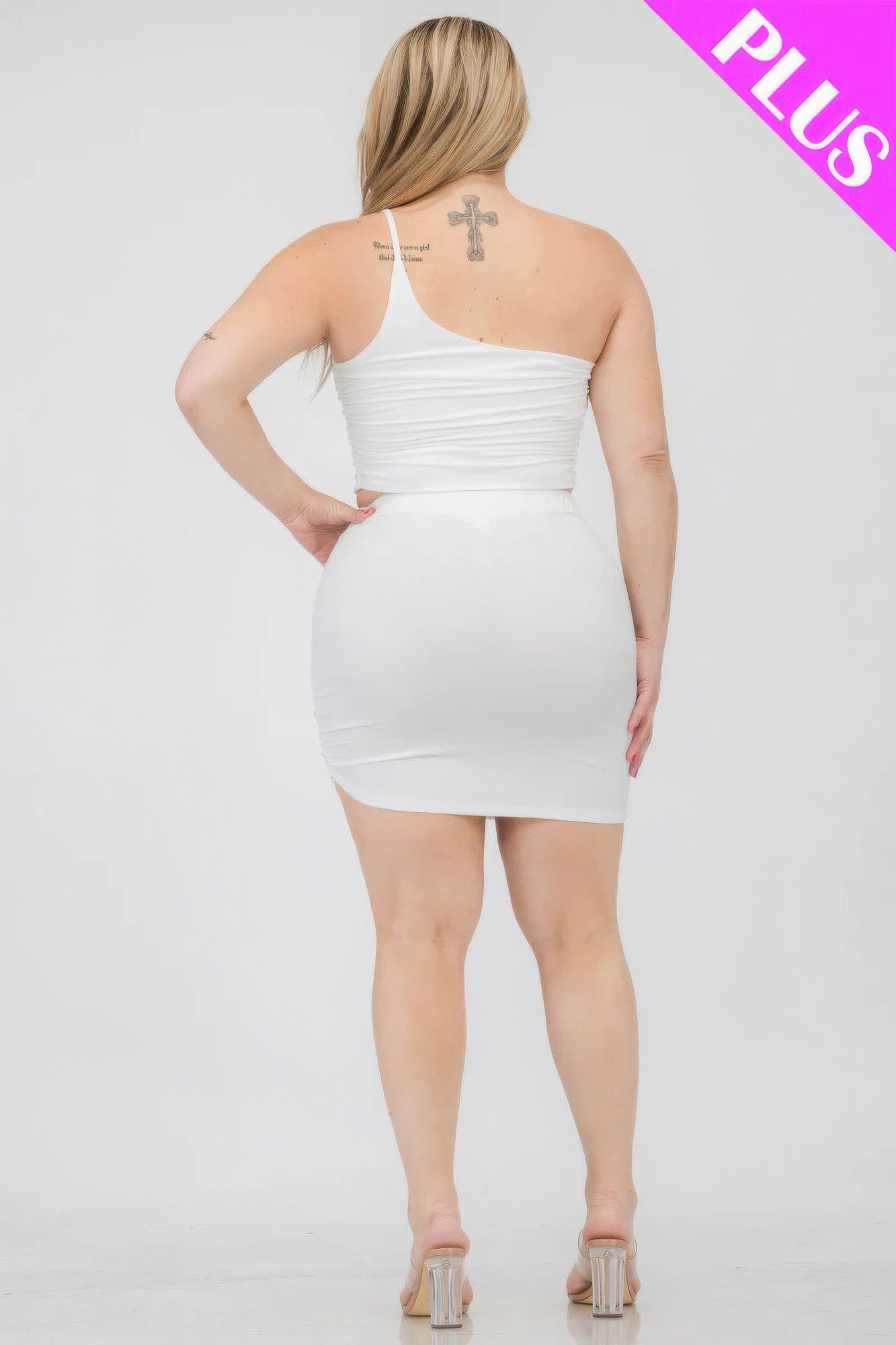 Women's Plus One Shoulder Ruched Party Crop Top & Mini Skirt Set Dress Outfit