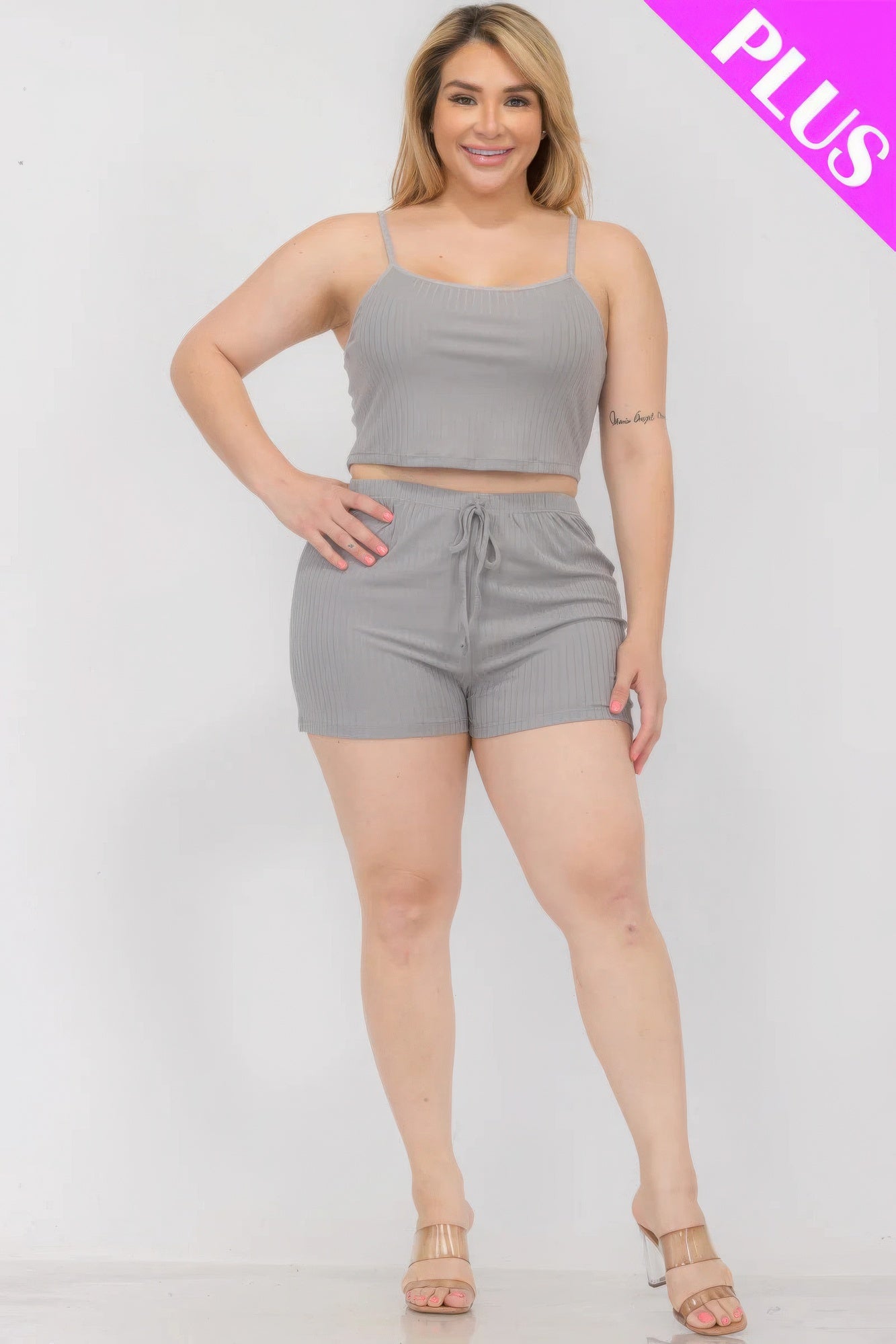 Women Plus Ribbed Cami Tank Top & Shorts Casual Stretch Spaghetti Loungewear Set