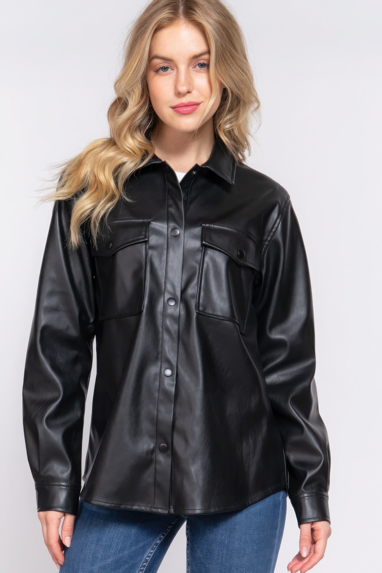 Women's Long Sleeve PU Faux Leather Shirt Jacket Pockets Loose Shacket Jacket