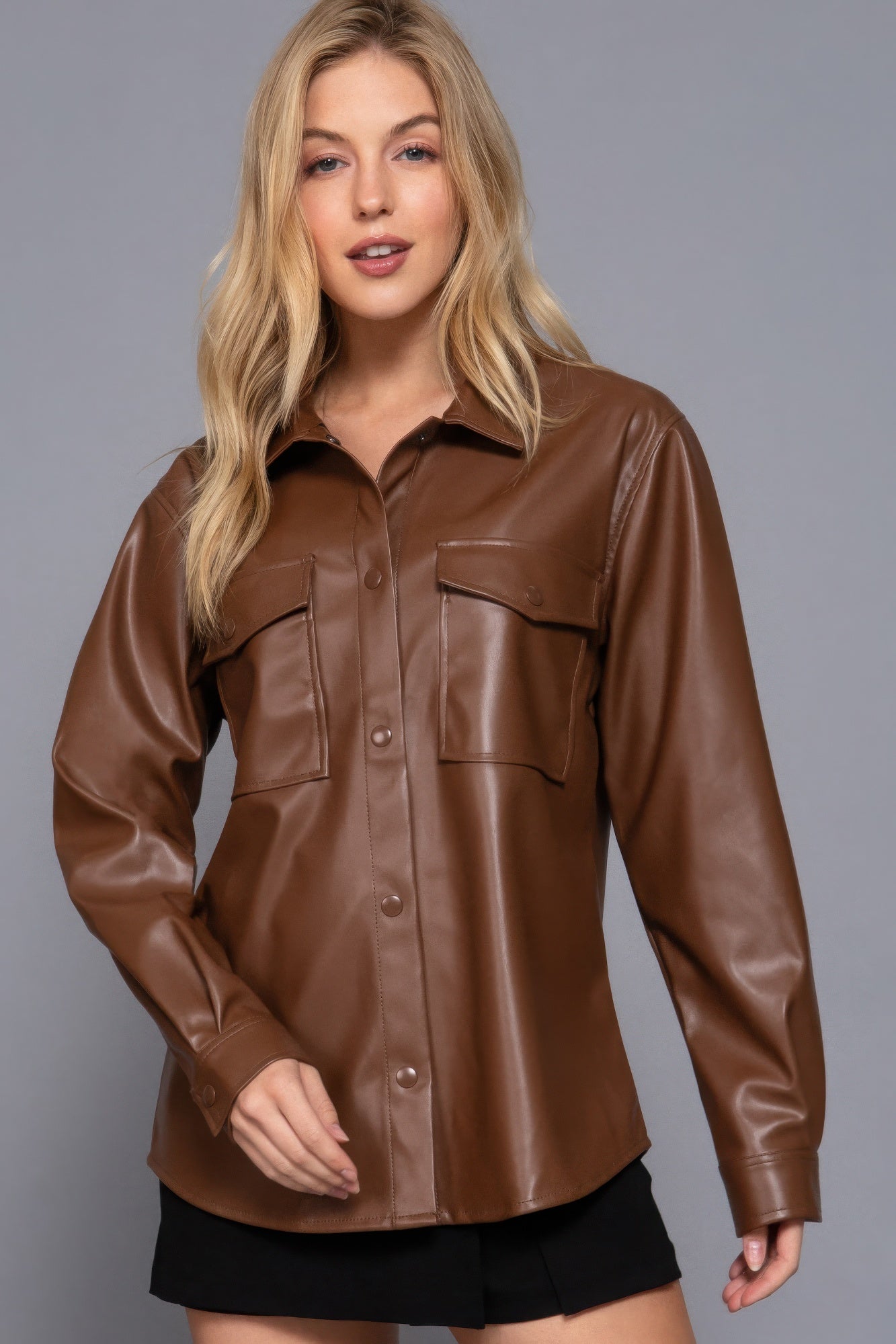 Women's Long Sleeve PU Faux Leather Shirt Jacket Pockets Loose Shacket Jacket