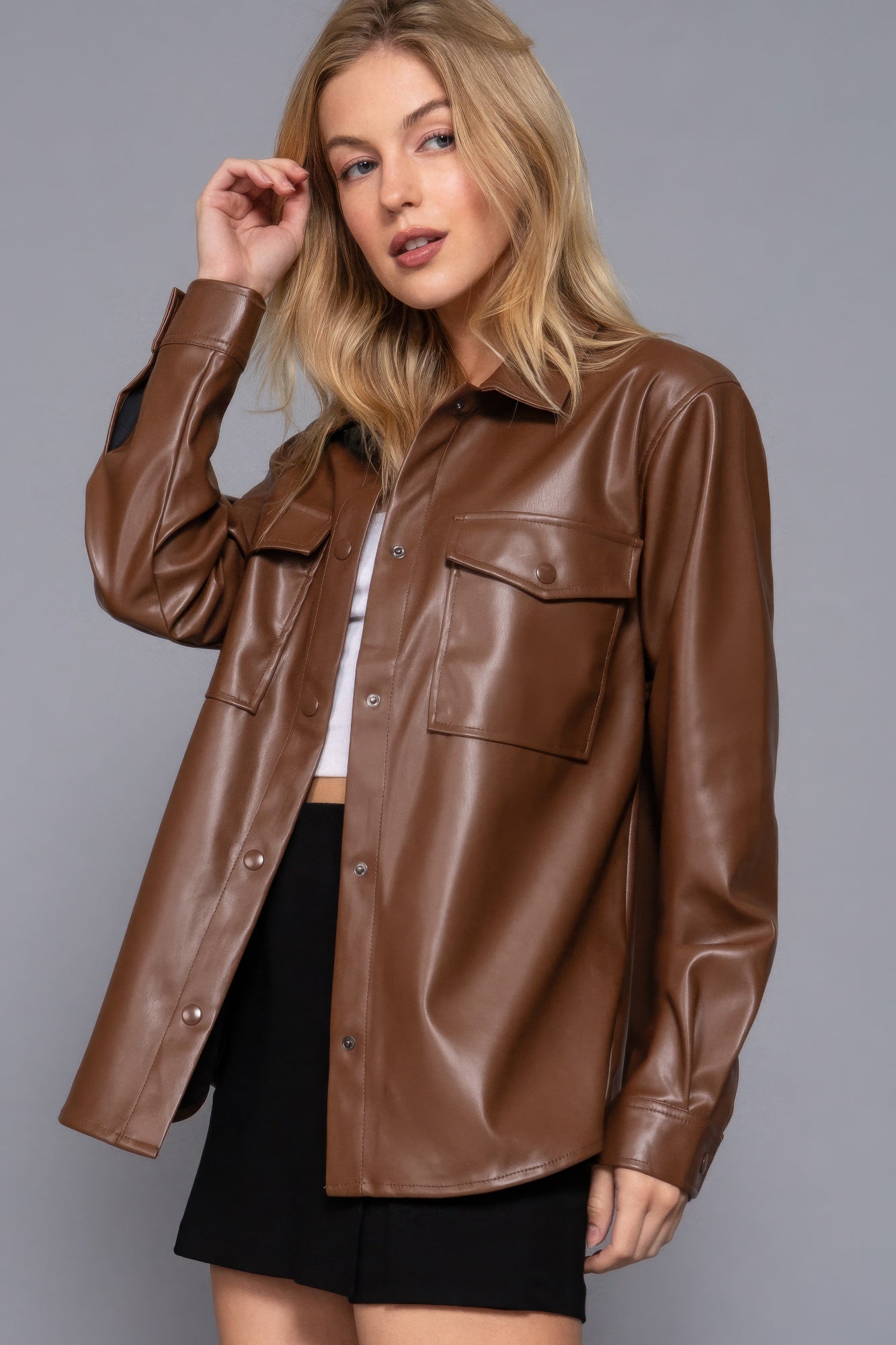 Women's Long Sleeve PU Faux Leather Shirt Jacket Pockets Loose Shacket Jacket