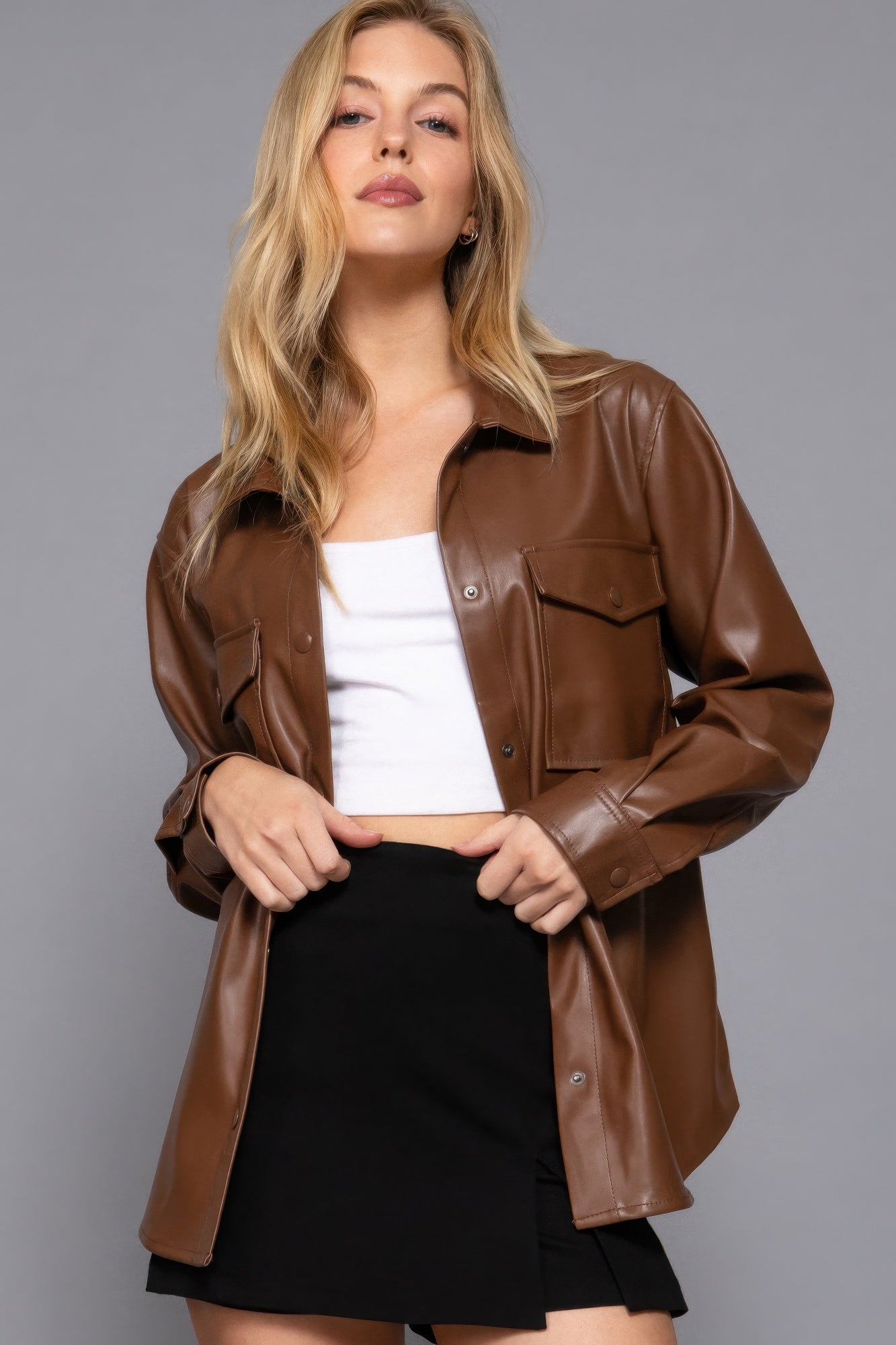 Women's Long Sleeve PU Faux Leather Shirt Jacket Pockets Loose Shacket Jacket