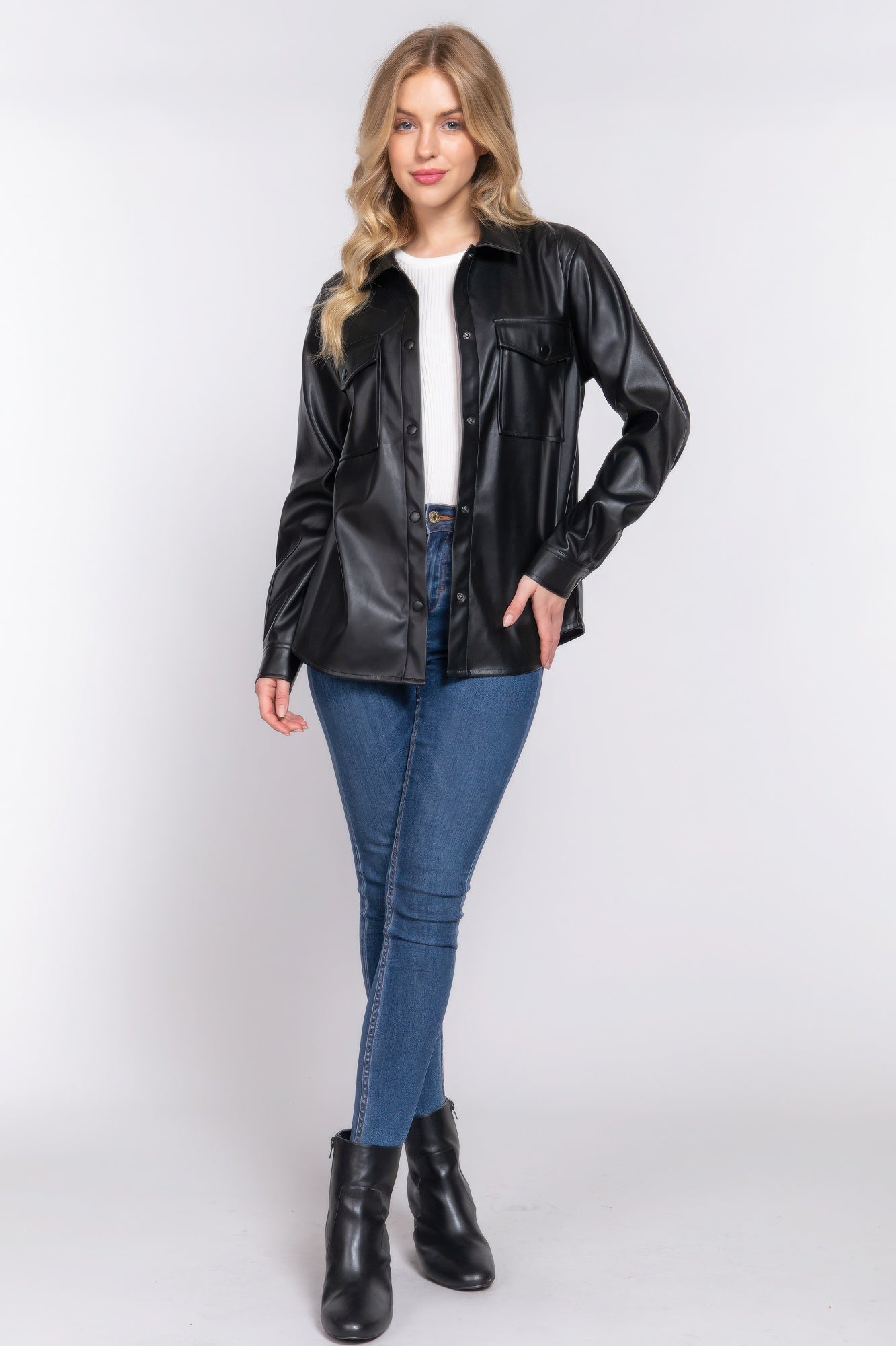 Women's Long Sleeve PU Faux Leather Shirt Jacket Pockets Loose Shacket Jacket