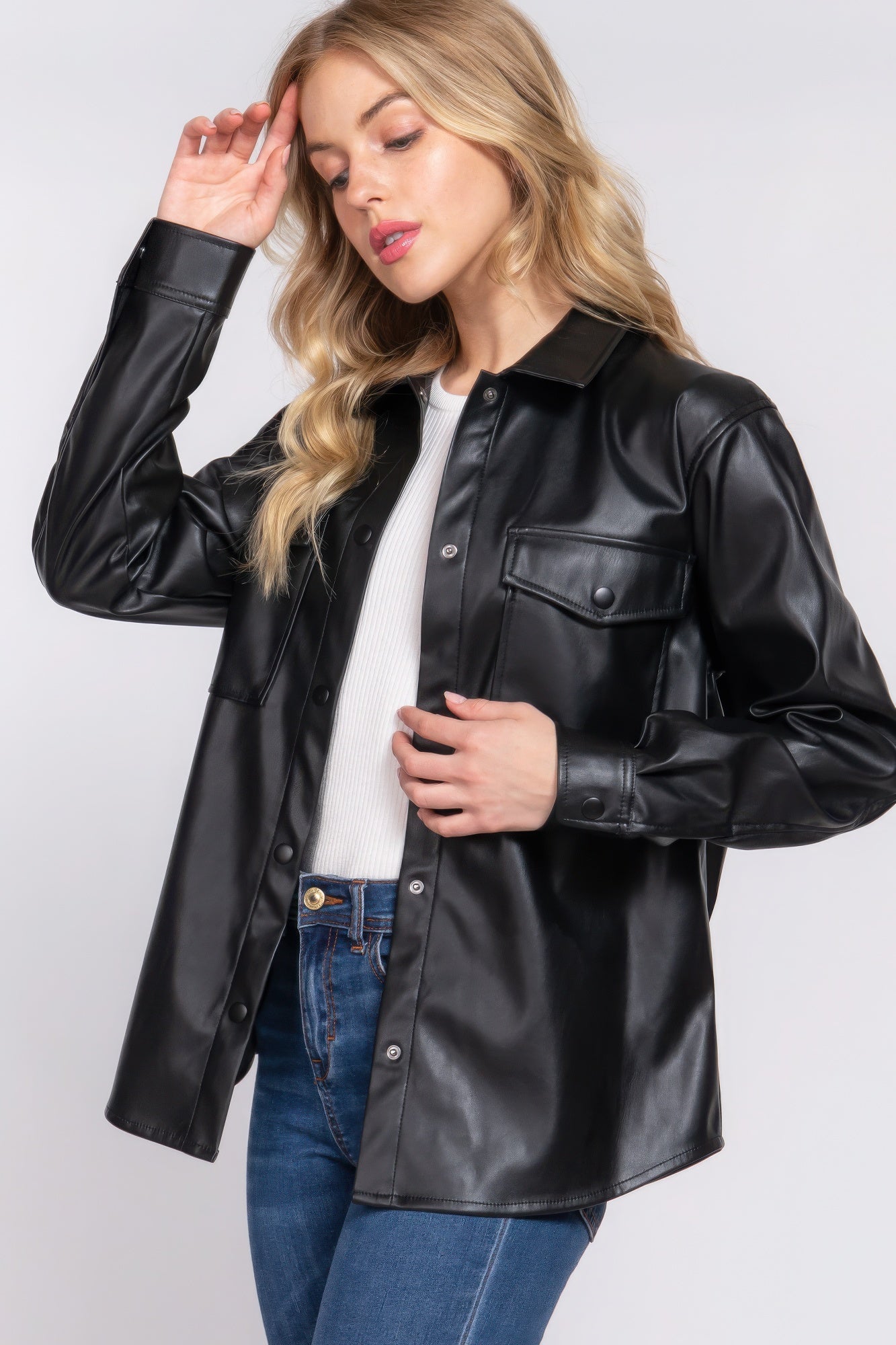 Women's Long Sleeve PU Faux Leather Shirt Jacket Pockets Loose Shacket Jacket