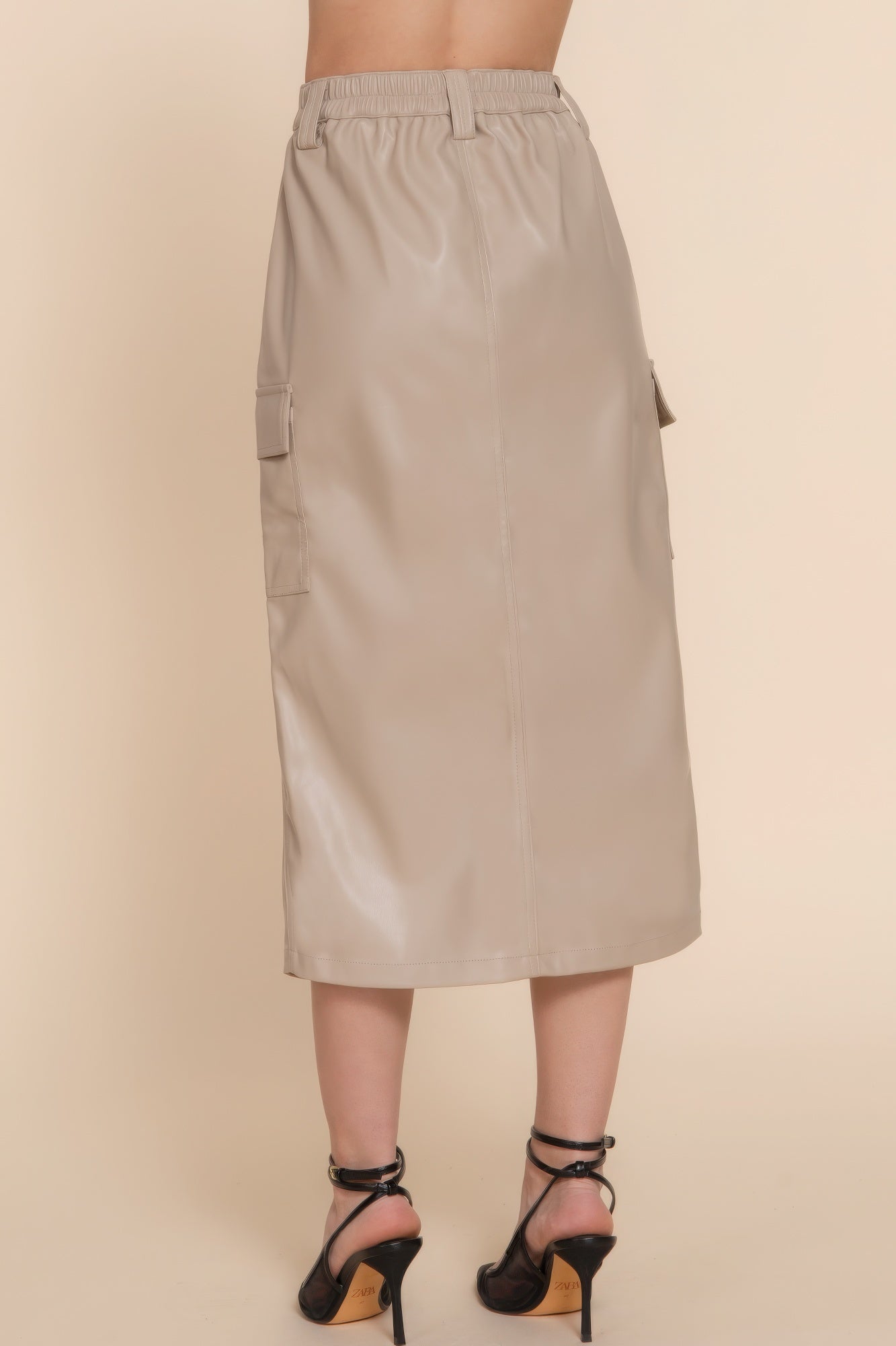 Women's Midi PU Faux Leather Cargo Skirt Pockets Casual Skirt