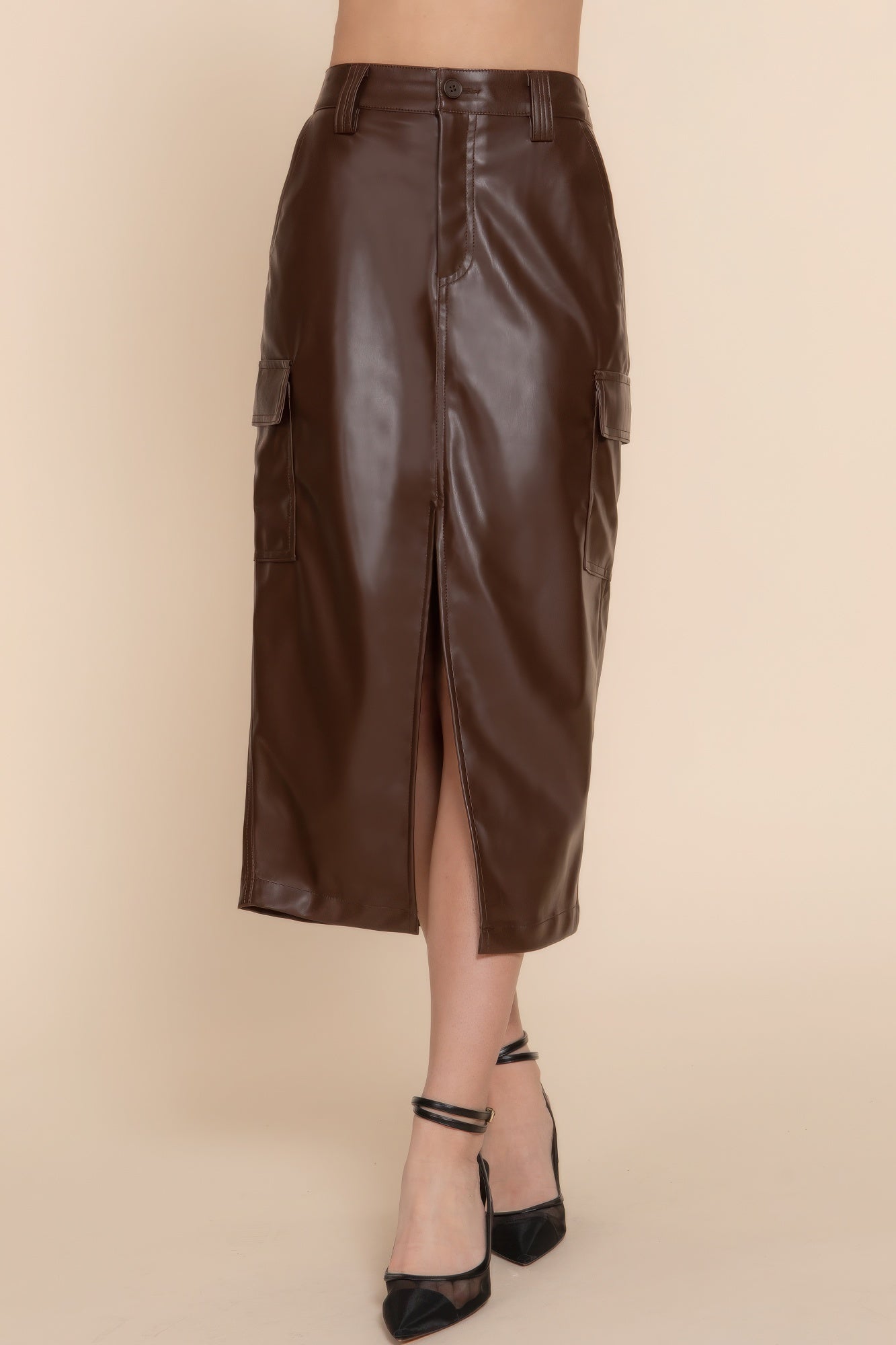 Women's Midi PU Faux Leather Cargo Skirt Pockets Casual Skirt