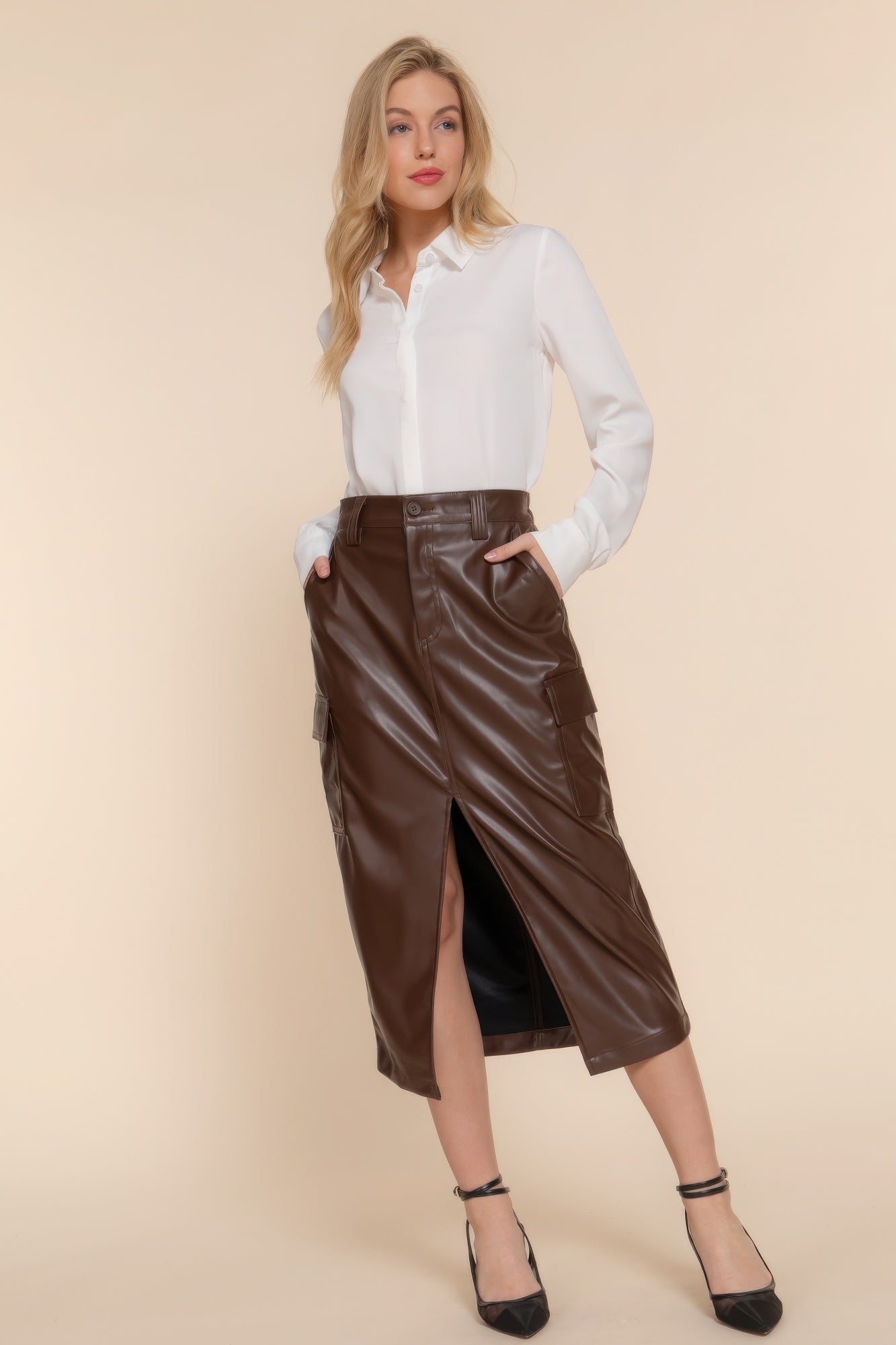 Women's Midi PU Faux Leather Cargo Skirt Pockets Casual Skirt