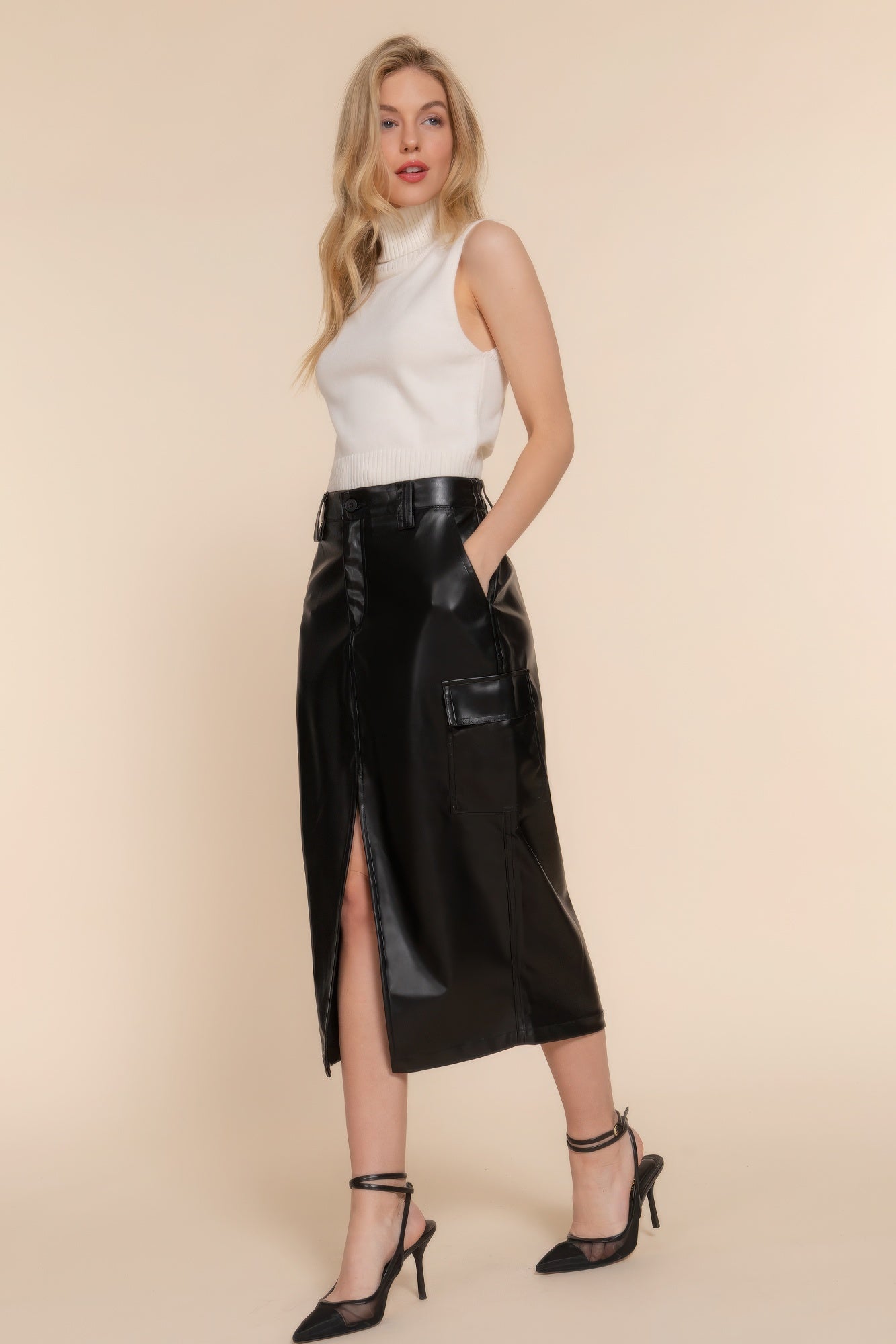 Women's Midi PU Faux Leather Cargo Skirt Pockets Casual Skirt