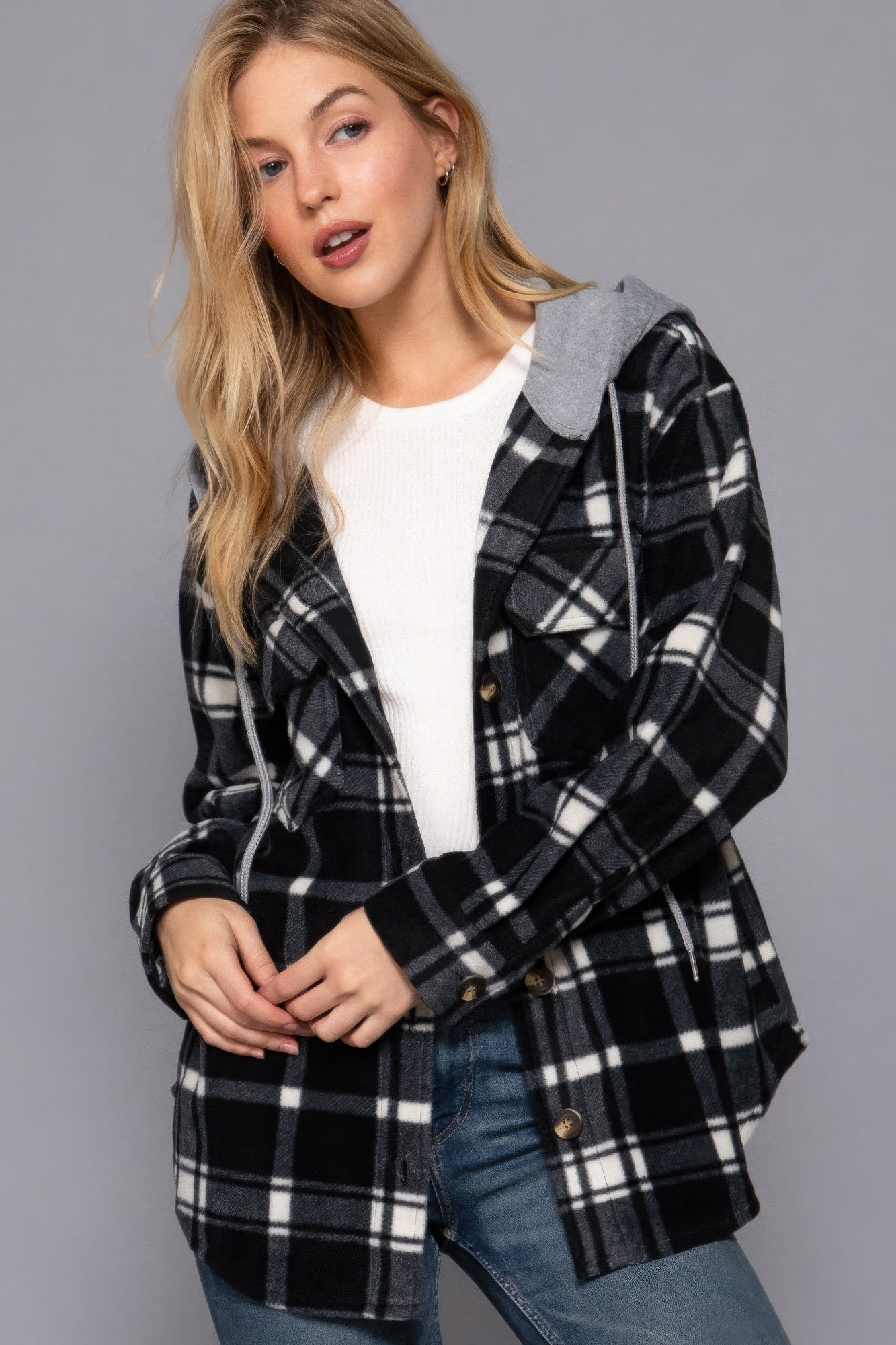 Women's Hoodie Fleece Jacket Plaid Print Long Sleeve Button Down Sweatshirt