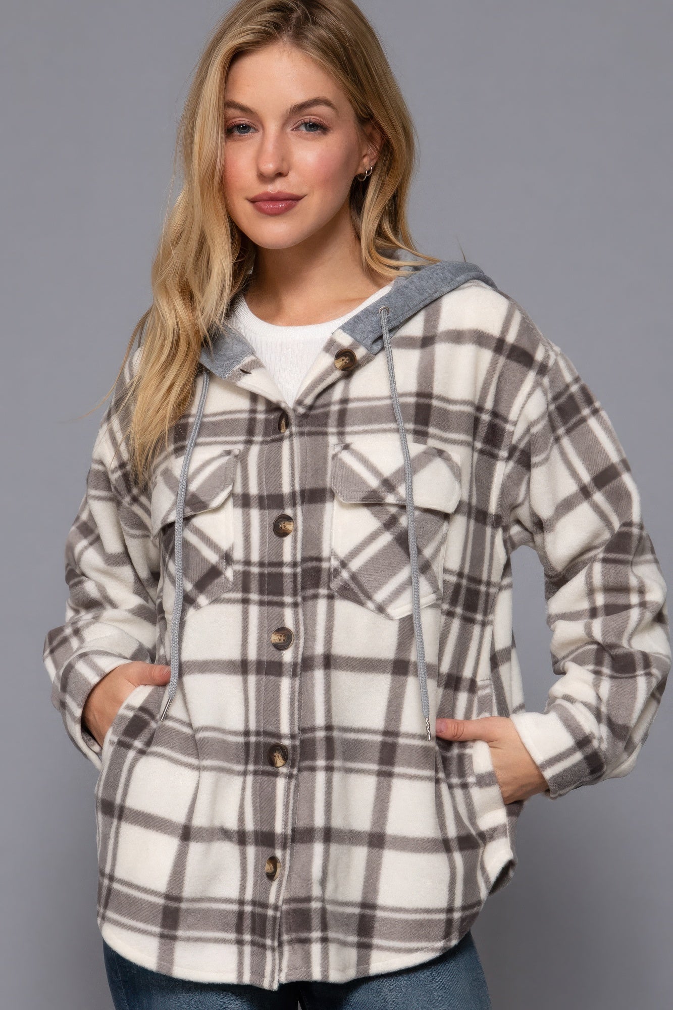 Women's Hoodie Fleece Jacket Plaid Print Long Sleeve Button Down Sweatshirt