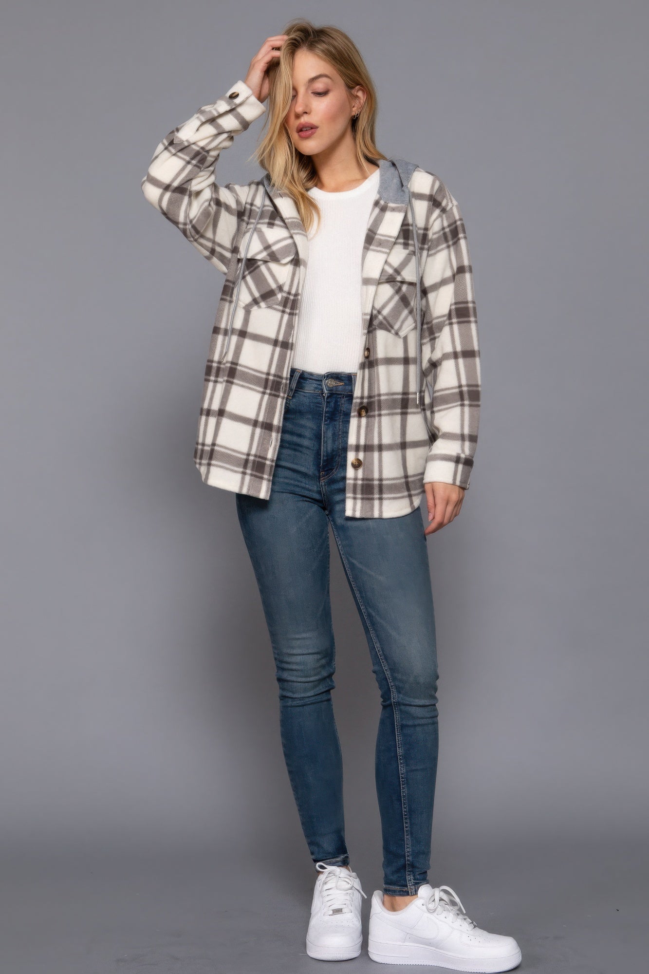 Women's Hoodie Fleece Jacket Plaid Print Long Sleeve Button Down Sweatshirt