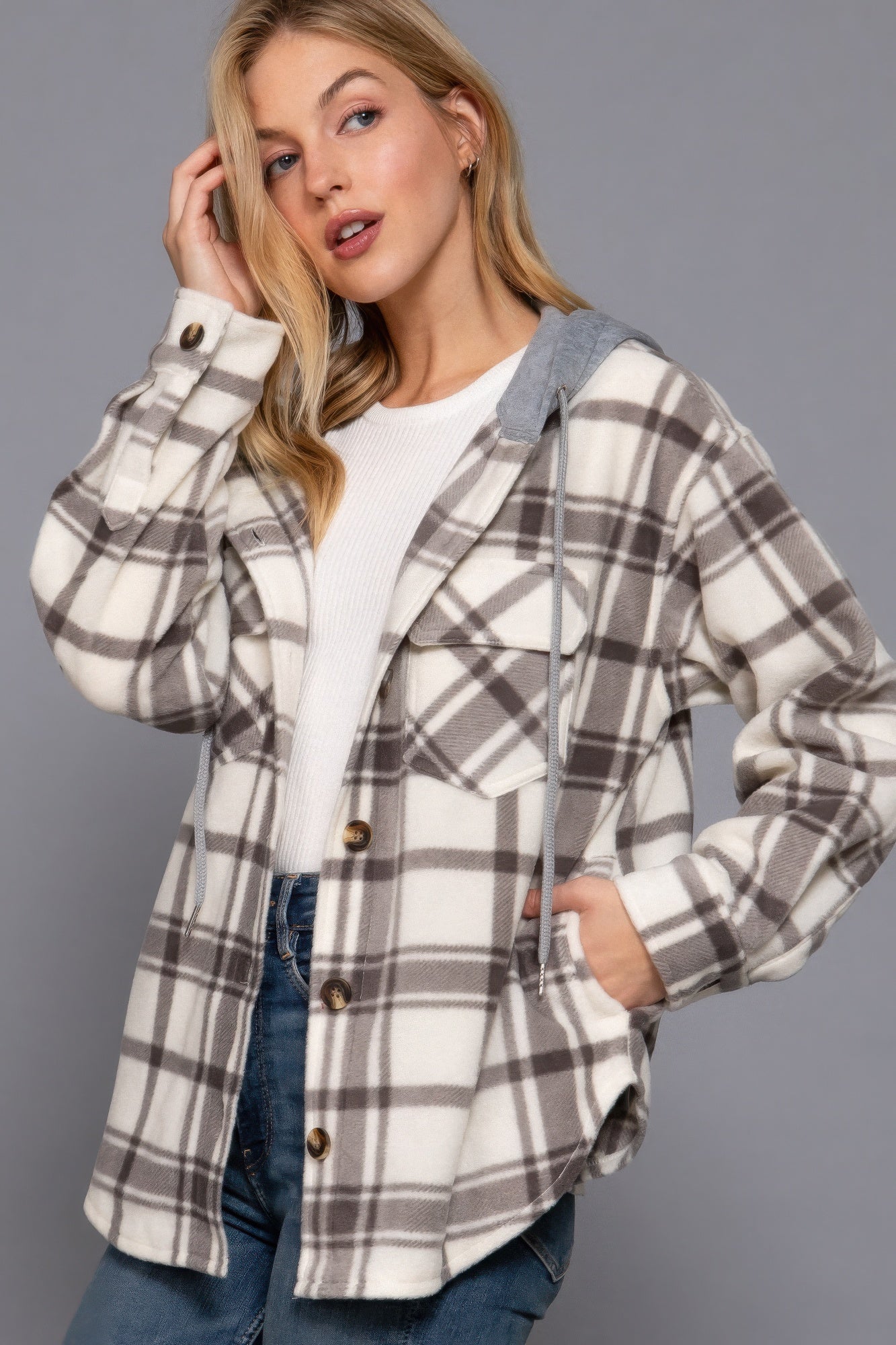 Women's Hoodie Fleece Jacket Plaid Print Long Sleeve Button Down Sweatshirt