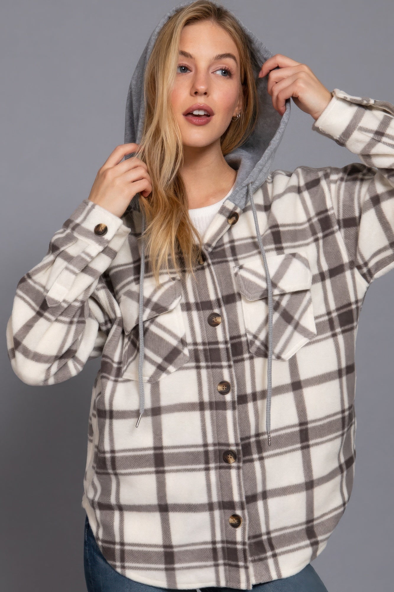 Women's Hoodie Fleece Jacket Plaid Print Long Sleeve Button Down Sweatshirt