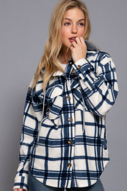 Women's Hoodie Fleece Jacket Plaid Print Long Sleeve Button Down Sweatshirt
