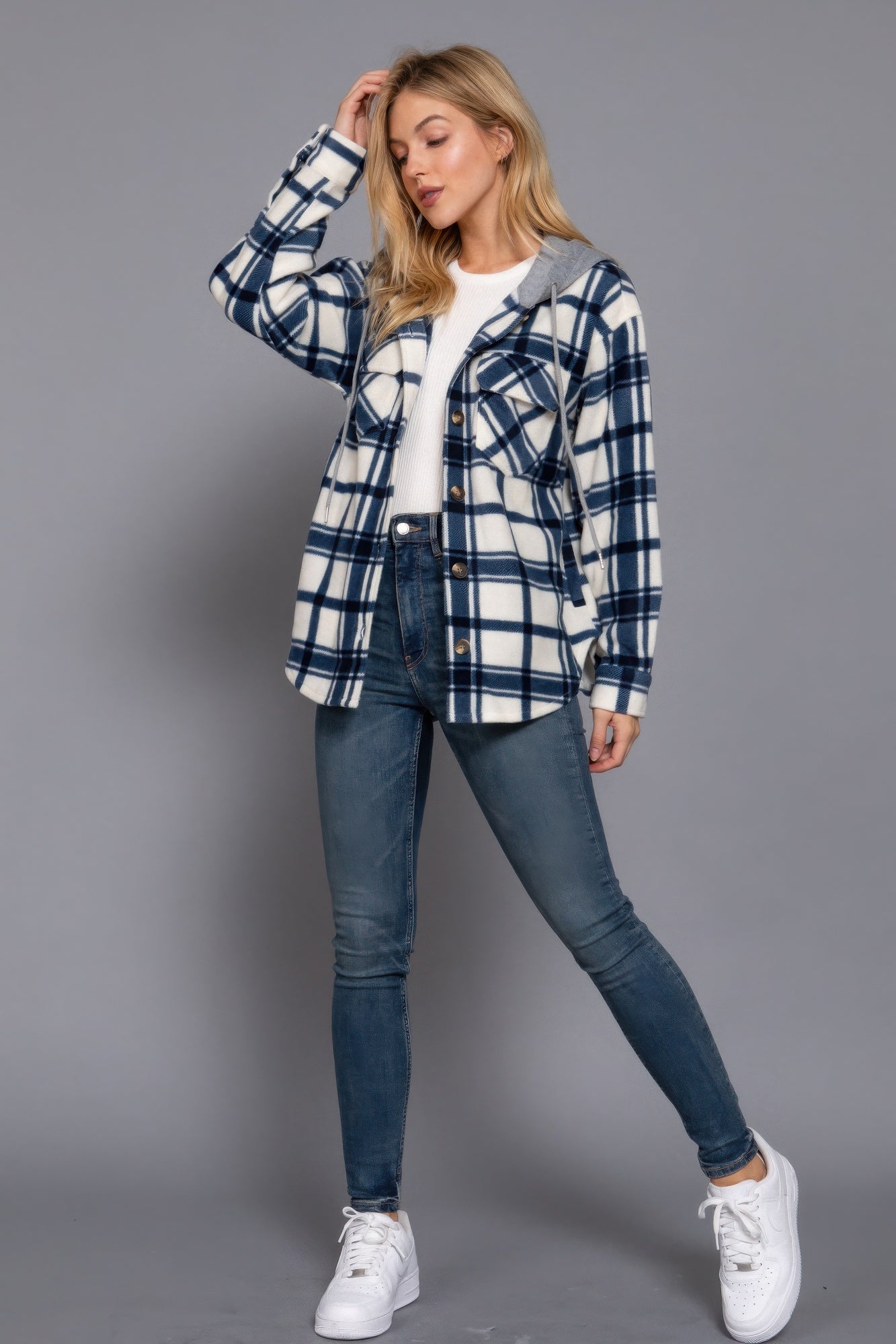 Women's Hoodie Fleece Jacket Plaid Print Long Sleeve Button Down Sweatshirt