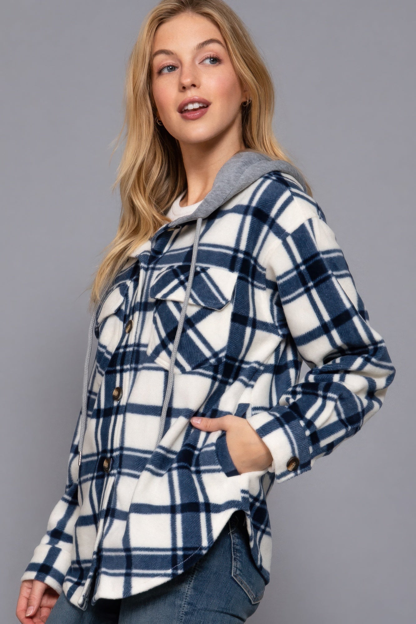 Women's Hoodie Fleece Jacket Plaid Print Long Sleeve Button Down Sweatshirt