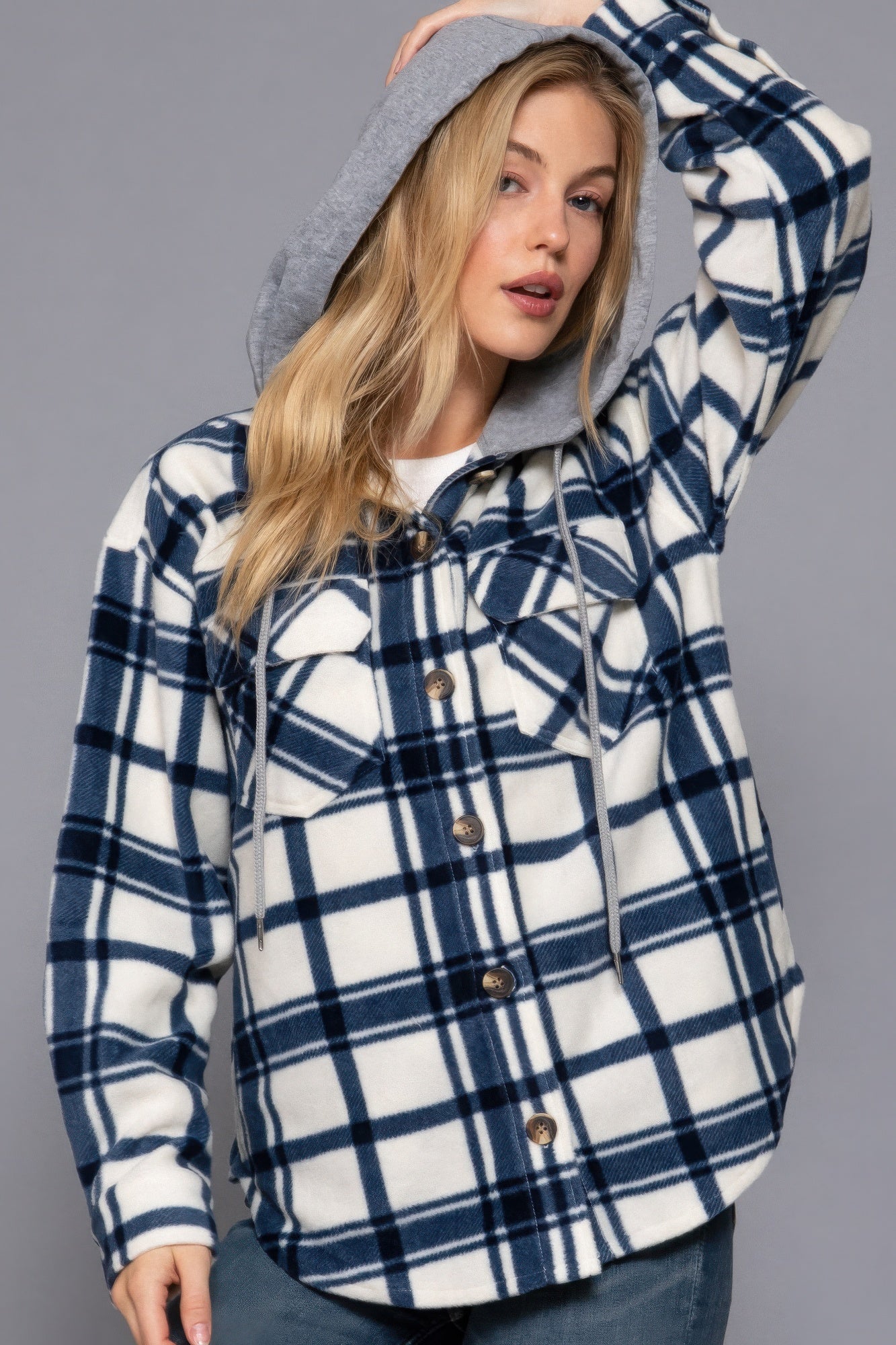 Women's Hoodie Fleece Jacket Plaid Print Long Sleeve Button Down Sweatshirt