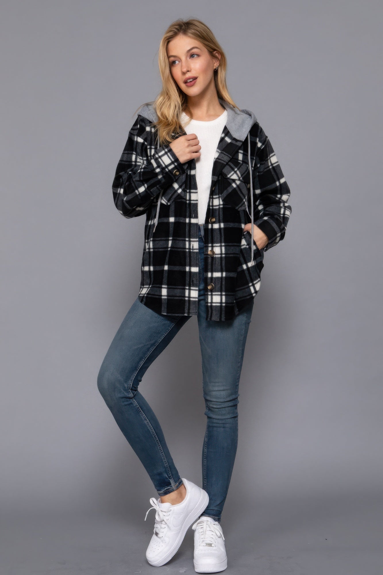 Women's Hoodie Fleece Jacket Plaid Print Long Sleeve Button Down Sweatshirt