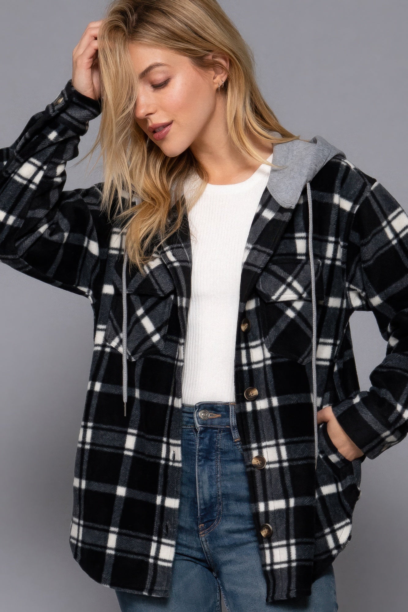 Women's Hoodie Fleece Jacket Plaid Print Long Sleeve Button Down Sweatshirt