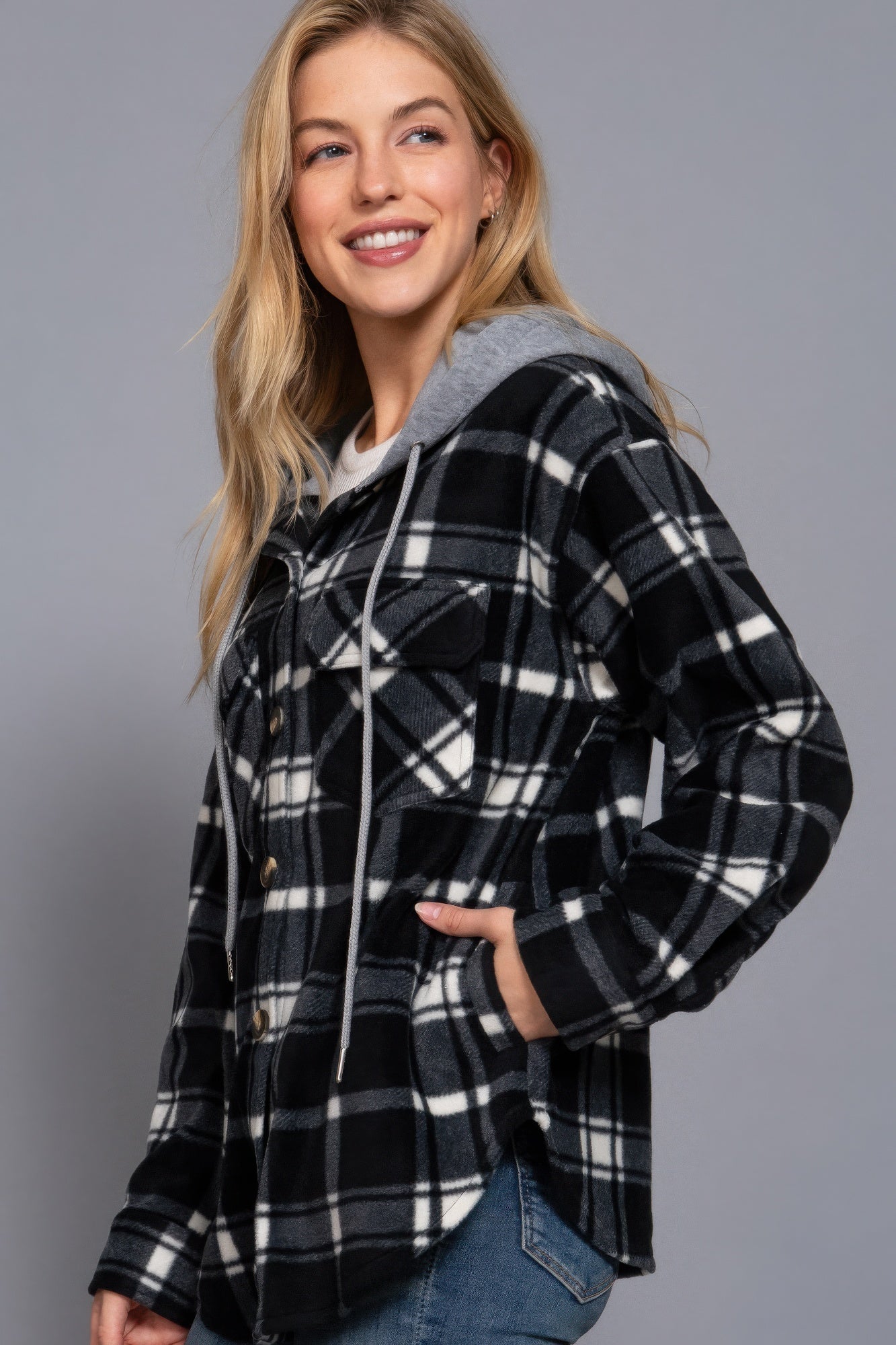 Women's Hoodie Fleece Jacket Plaid Print Long Sleeve Button Down Sweatshirt
