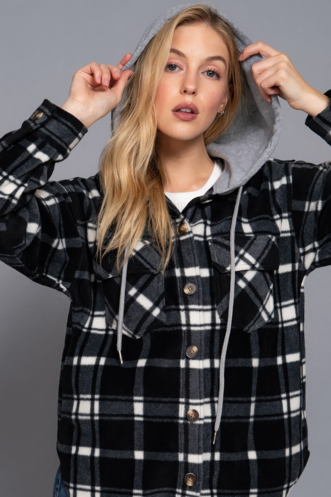 Women's Hoodie Fleece Jacket Plaid Print Long Sleeve Button Down Sweatshirt