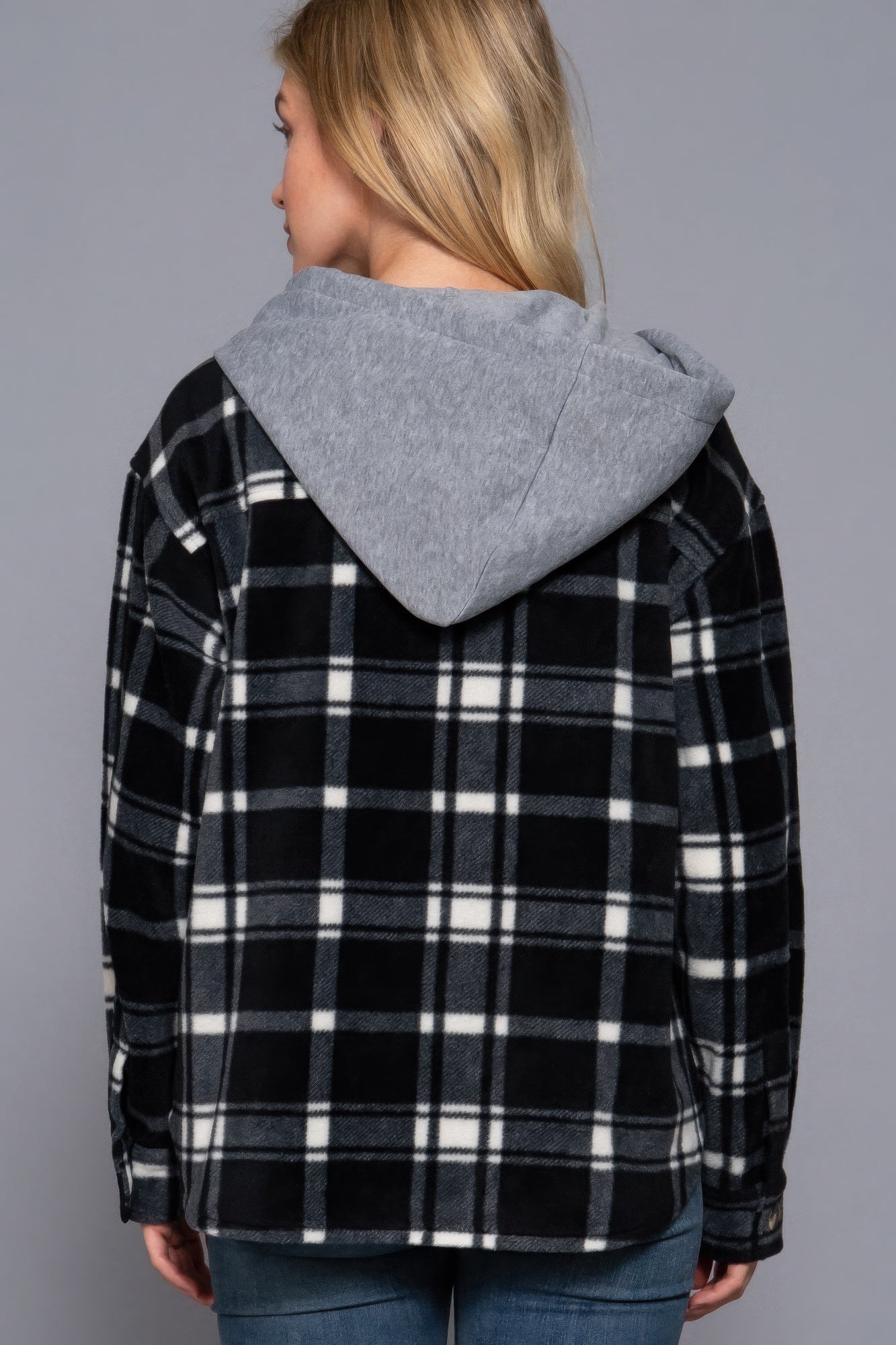Women's Hoodie Fleece Jacket Plaid Print Long Sleeve Button Down Sweatshirt