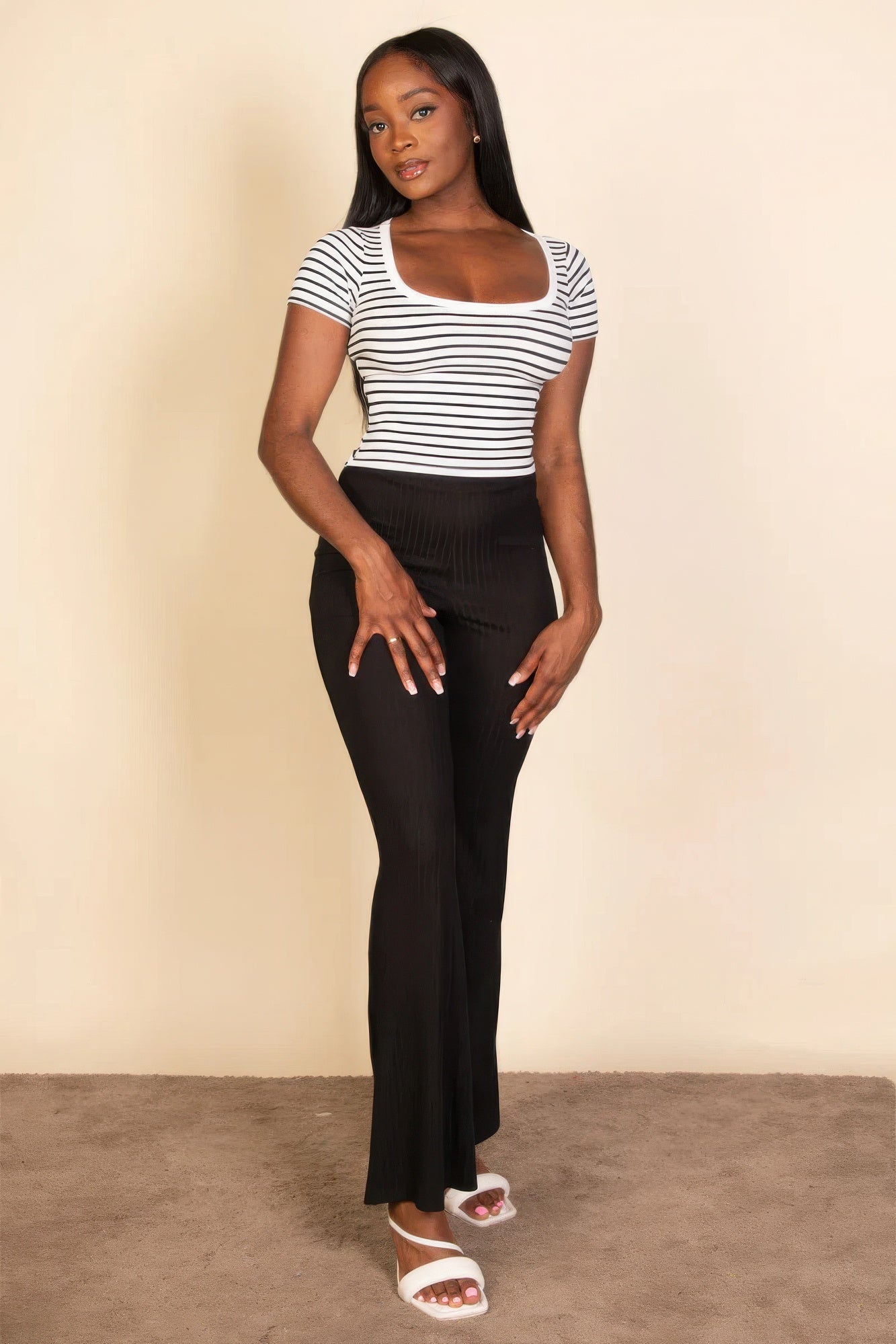 Women's Basic T-Shirt Square Neck Cotton Short Sleeve Ribbed Striped Top Fitted