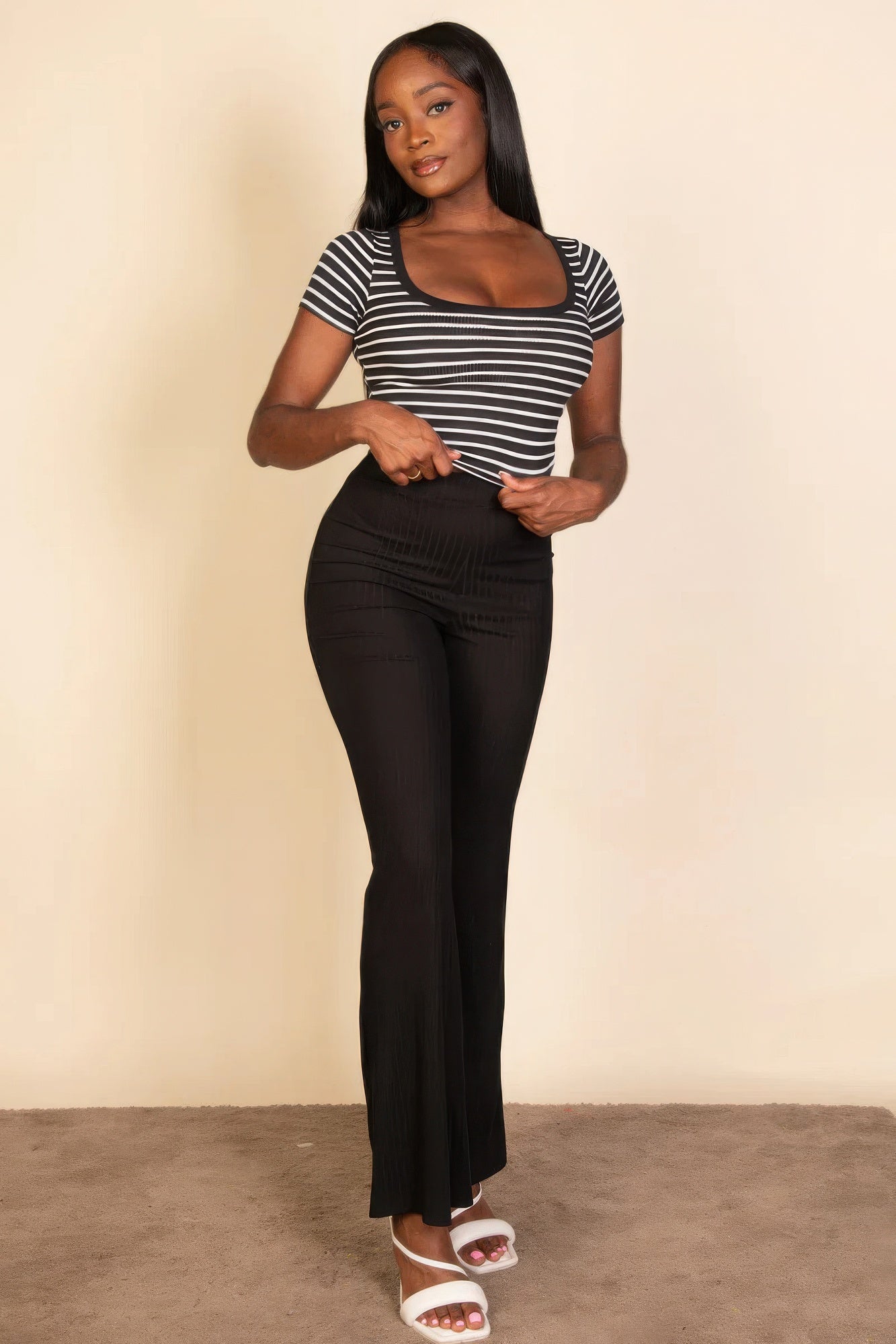 Women's Basic T-Shirt Square Neck Cotton Short Sleeve Ribbed Striped Top Fitted