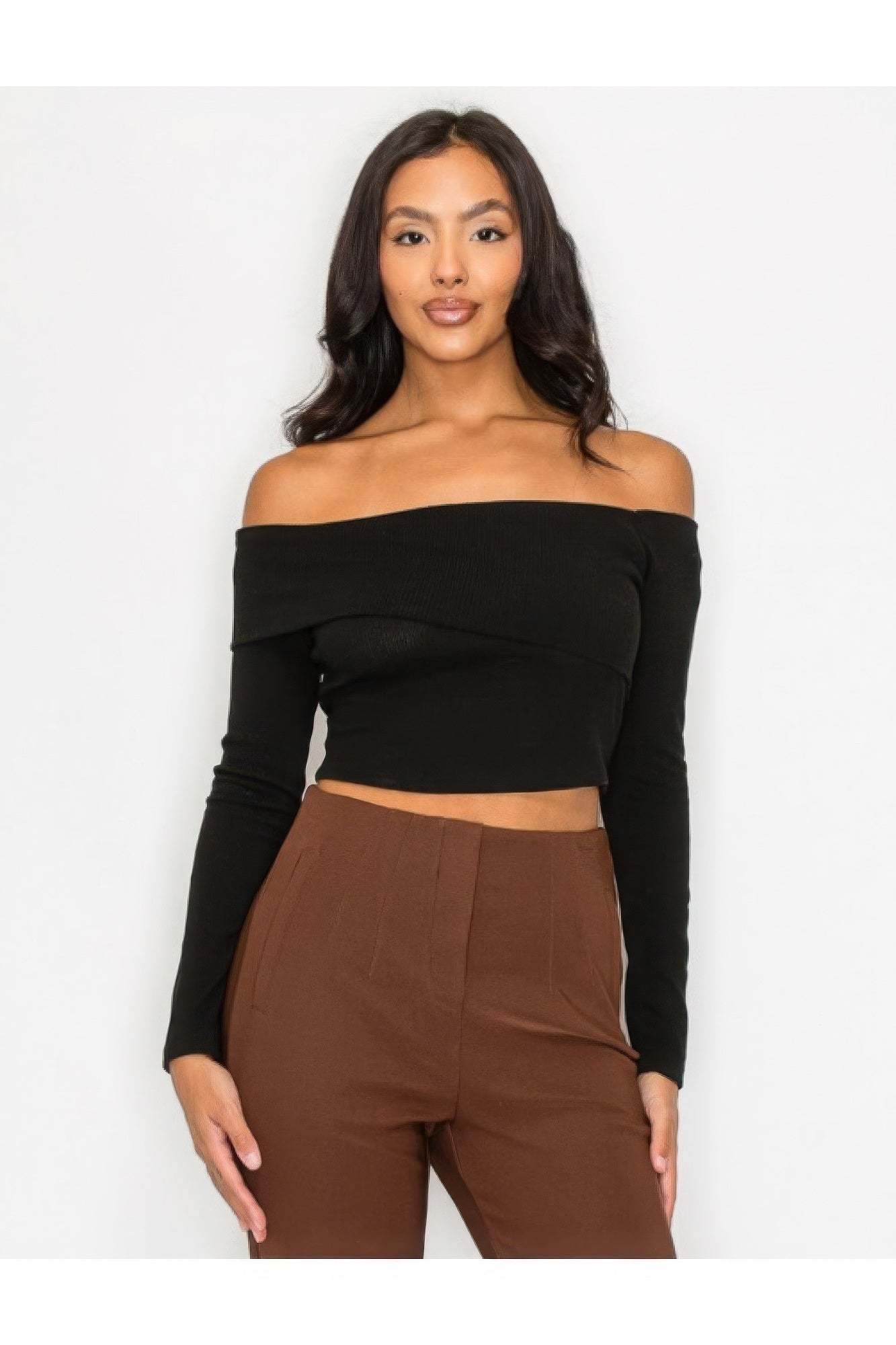 Women's Long Sleeve Crop Top Bardot Ribbed Off-shoulder Warp Stretch Solid Shirt