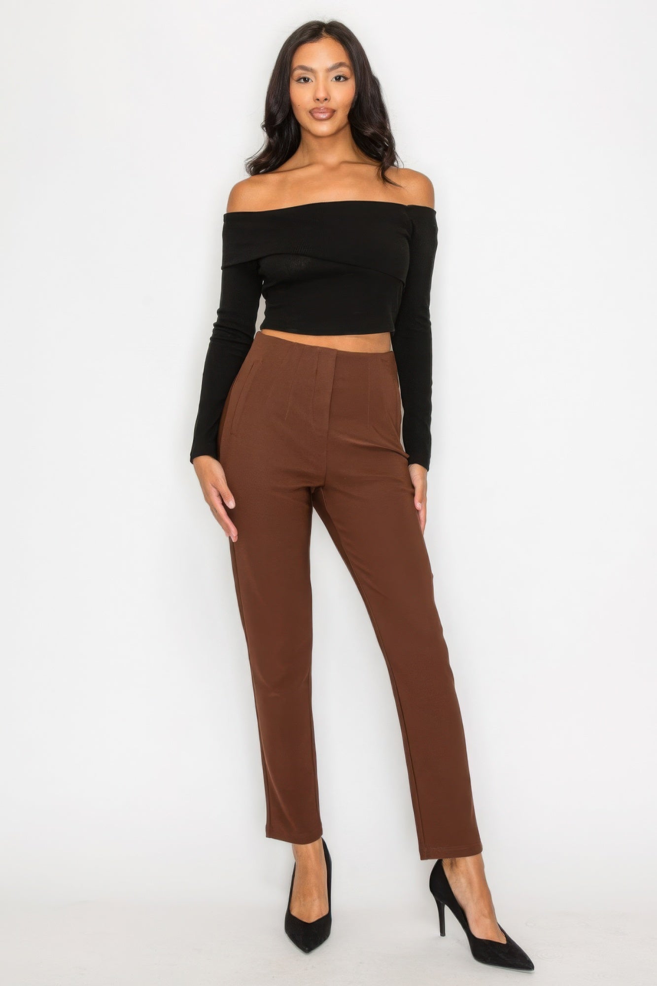 Women's Long Sleeve Crop Top Bardot Ribbed Off-shoulder Warp Stretch Solid Shirt