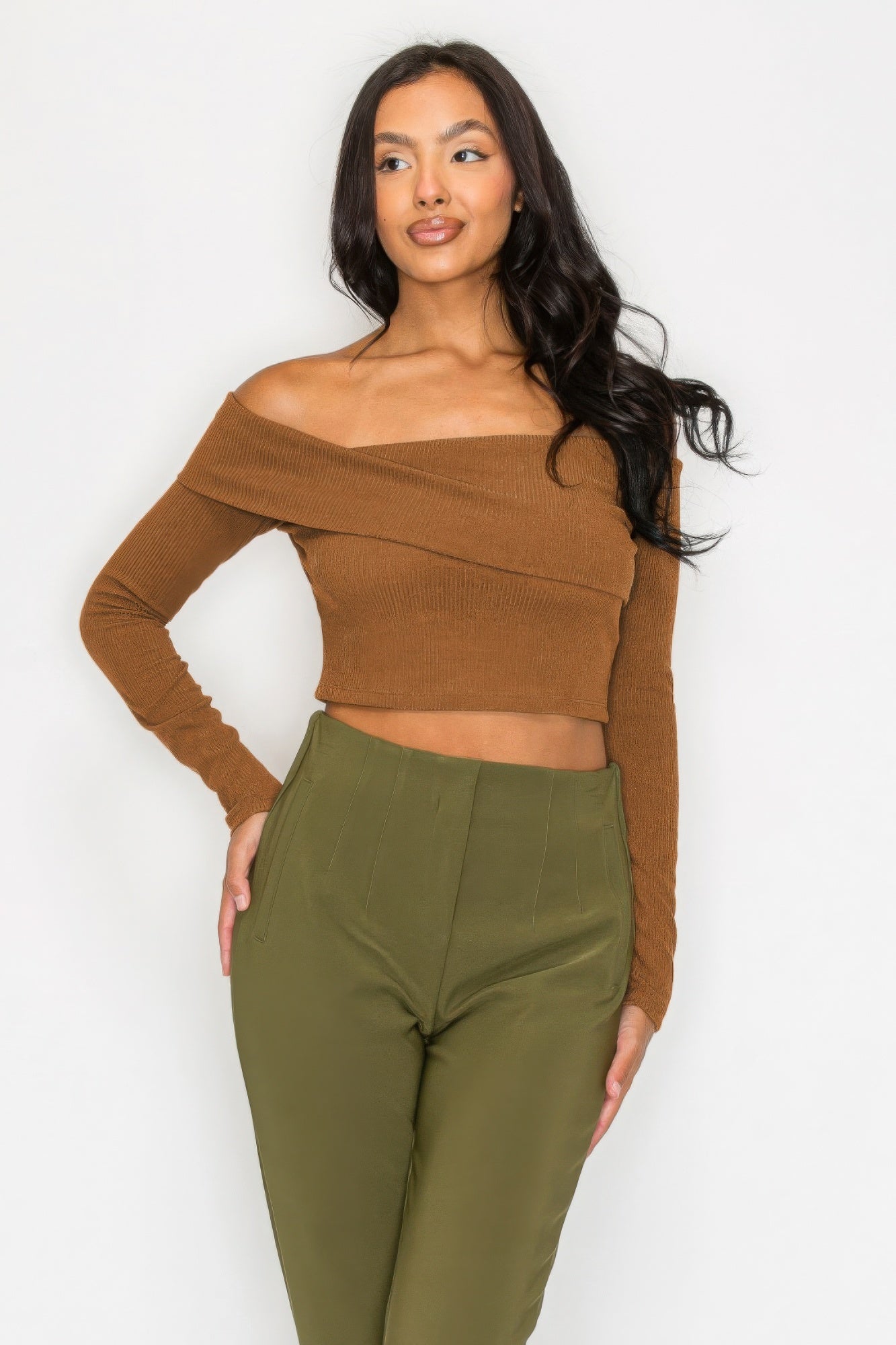 Women's Long Sleeve Crop Top Bardot Ribbed Off-shoulder Warp Stretch Solid Shirt