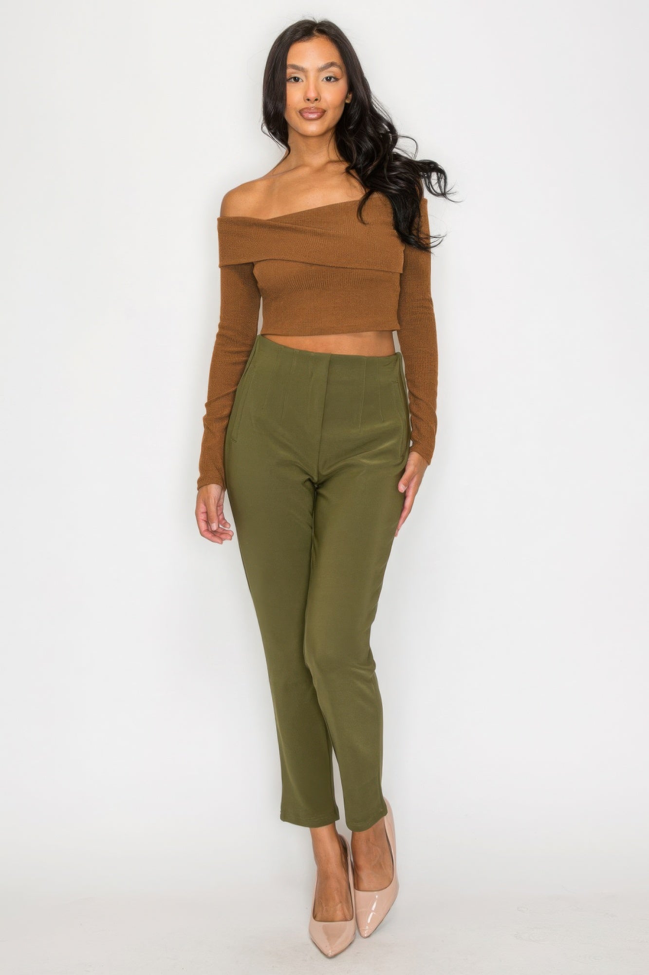 Women's Long Sleeve Crop Top Bardot Ribbed Off-shoulder Warp Stretch Solid Shirt