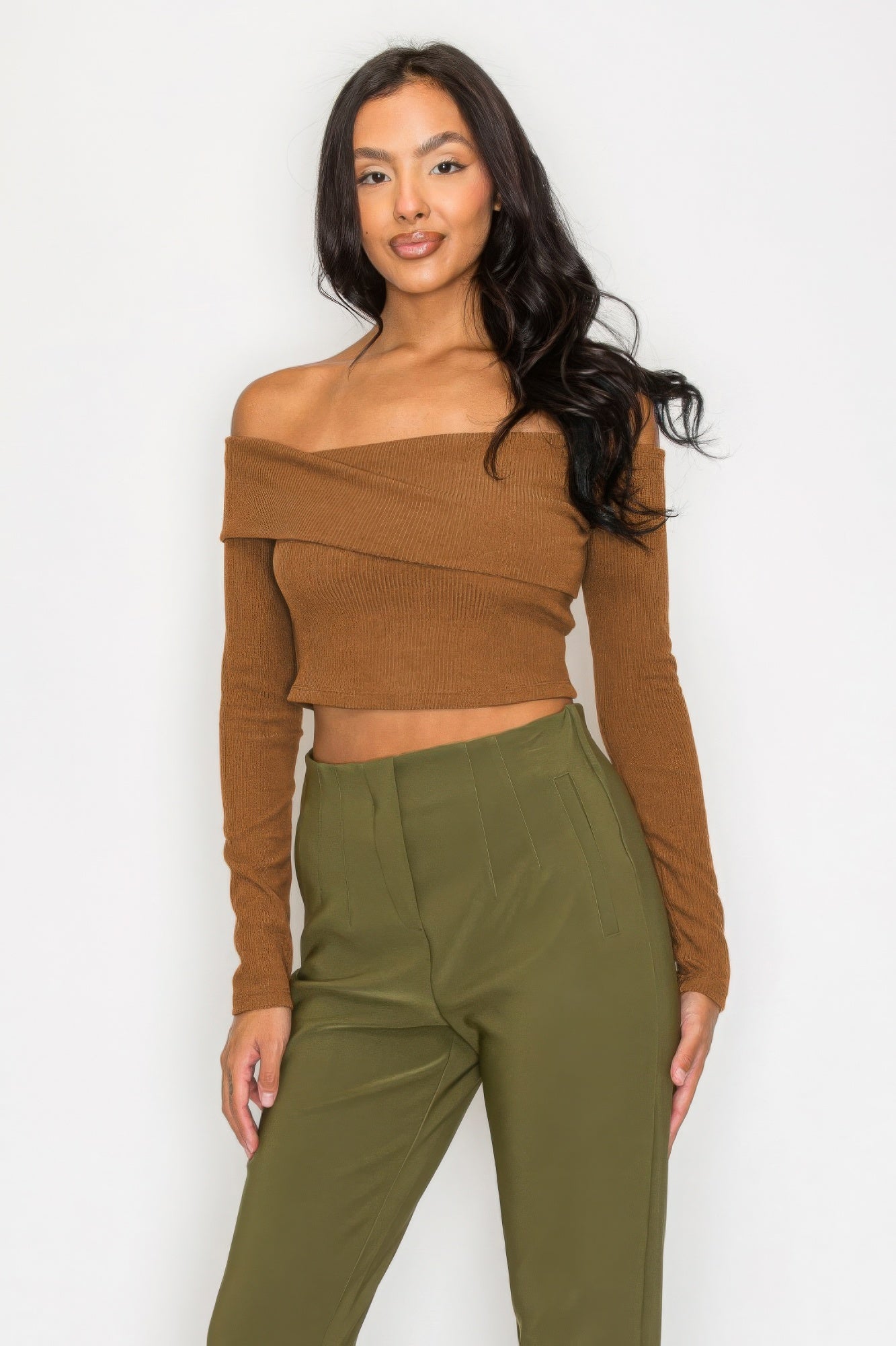 Women's Long Sleeve Crop Top Bardot Ribbed Off-shoulder Warp Stretch Solid Shirt
