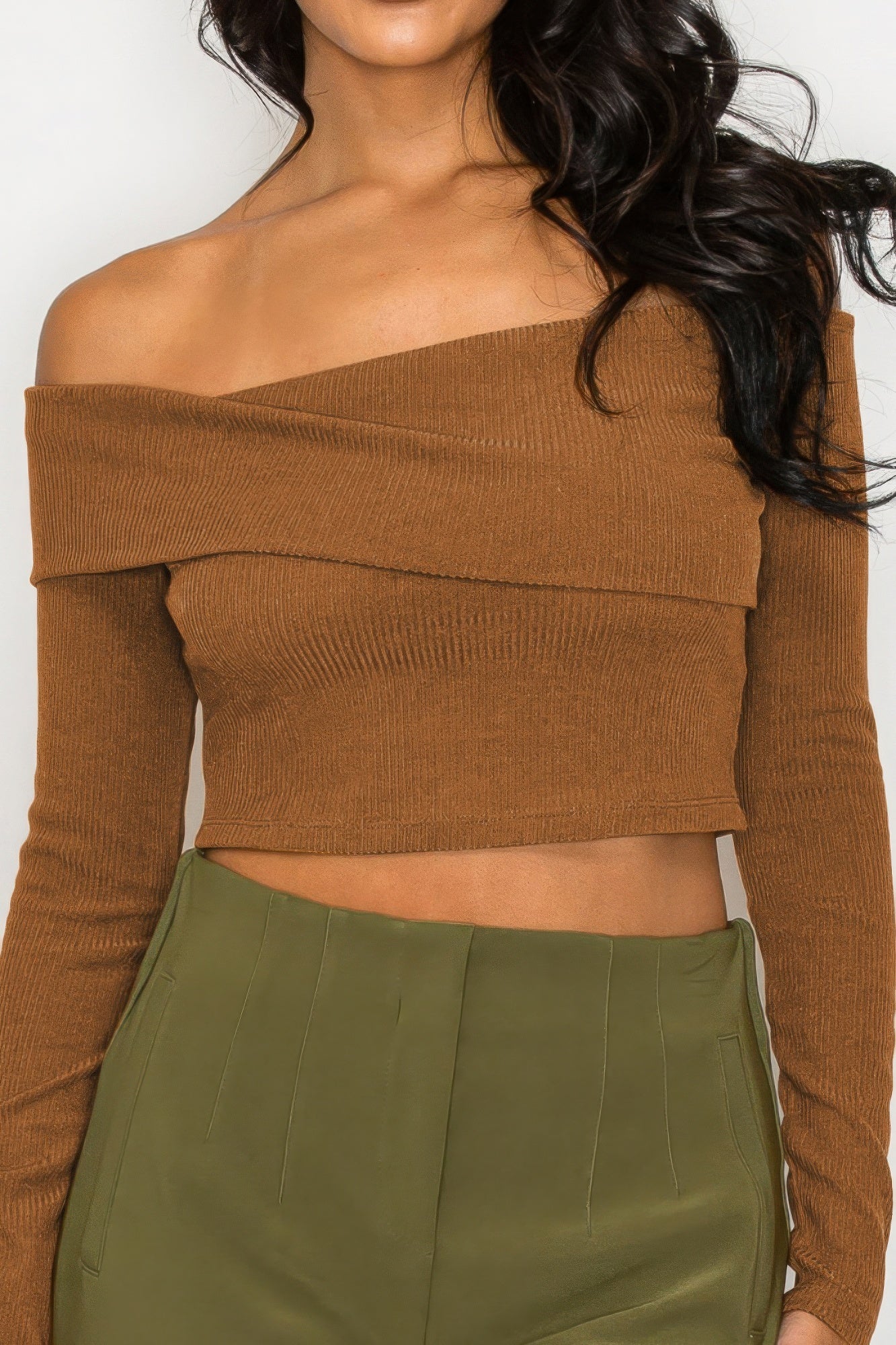 Women's Long Sleeve Crop Top Bardot Ribbed Off-shoulder Warp Stretch Solid Shirt