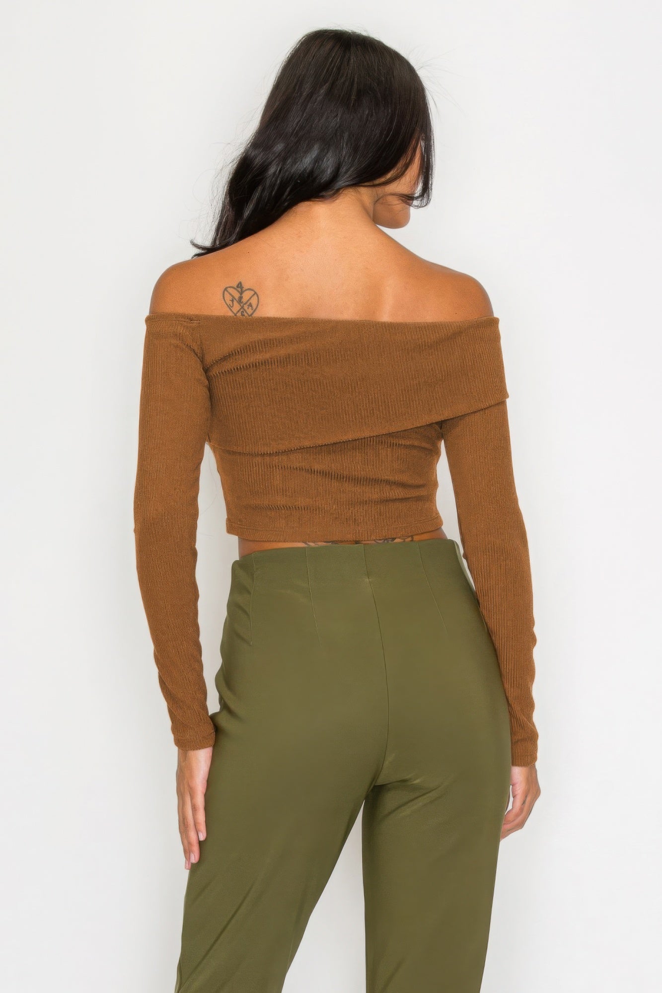 Women's Long Sleeve Crop Top Bardot Ribbed Off-shoulder Warp Stretch Solid Shirt
