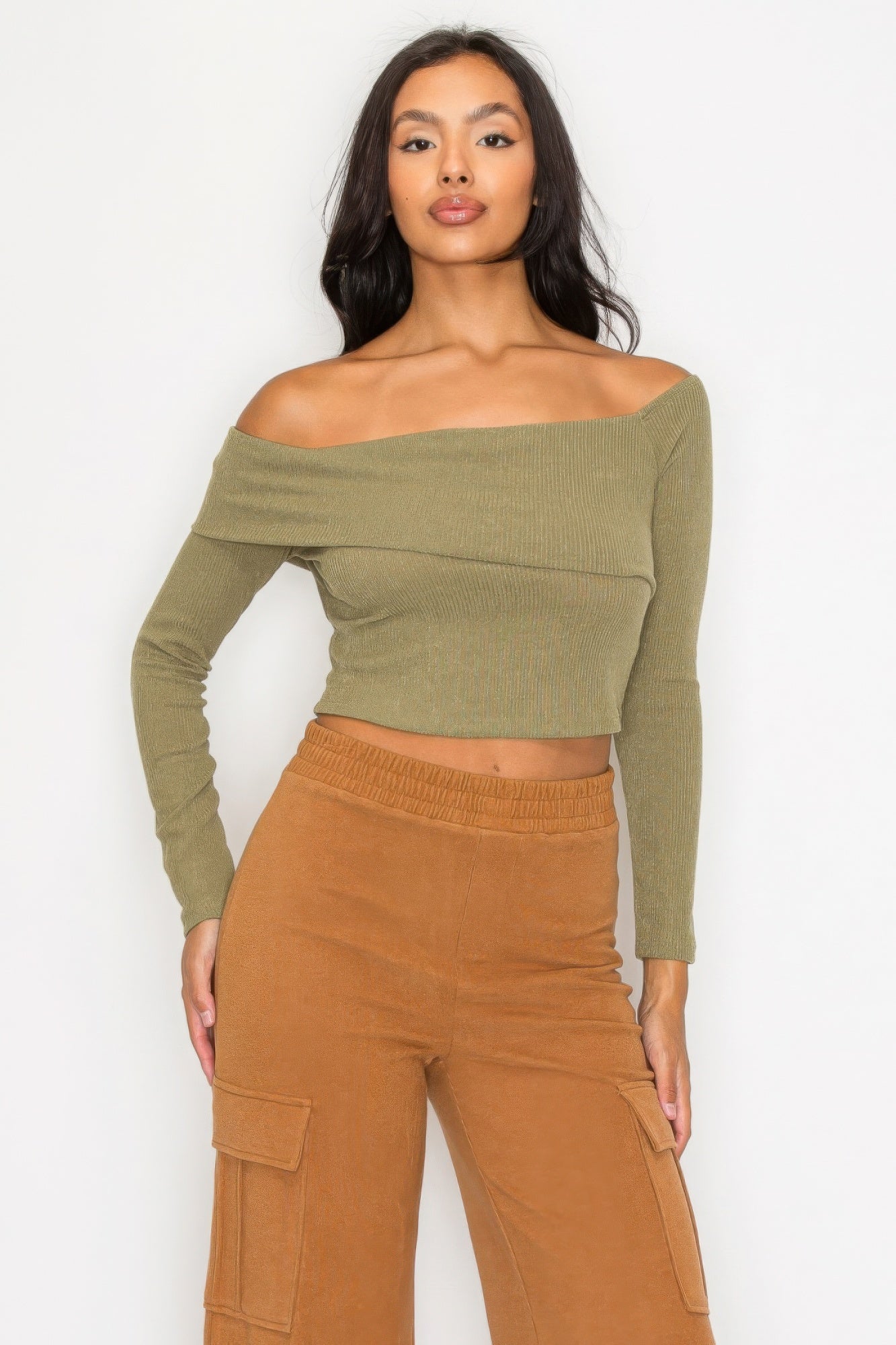 Women's Long Sleeve Crop Top Bardot Ribbed Off-shoulder Warp Stretch Solid Shirt