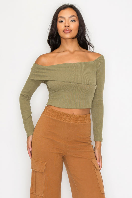 Women's Long Sleeve Crop Top Bardot Ribbed Off-shoulder Warp Stretch Solid Shirt