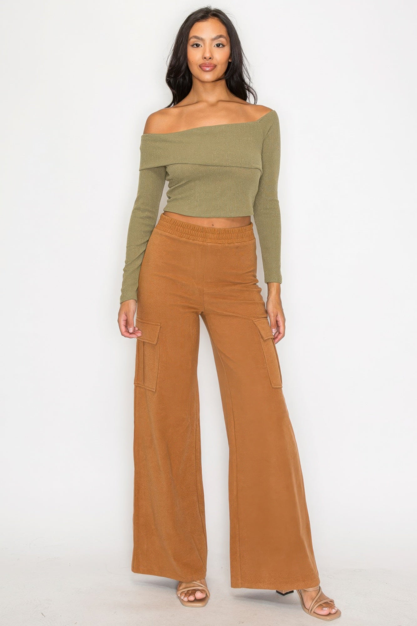 Women's Long Sleeve Crop Top Bardot Ribbed Off-shoulder Warp Stretch Solid Shirt
