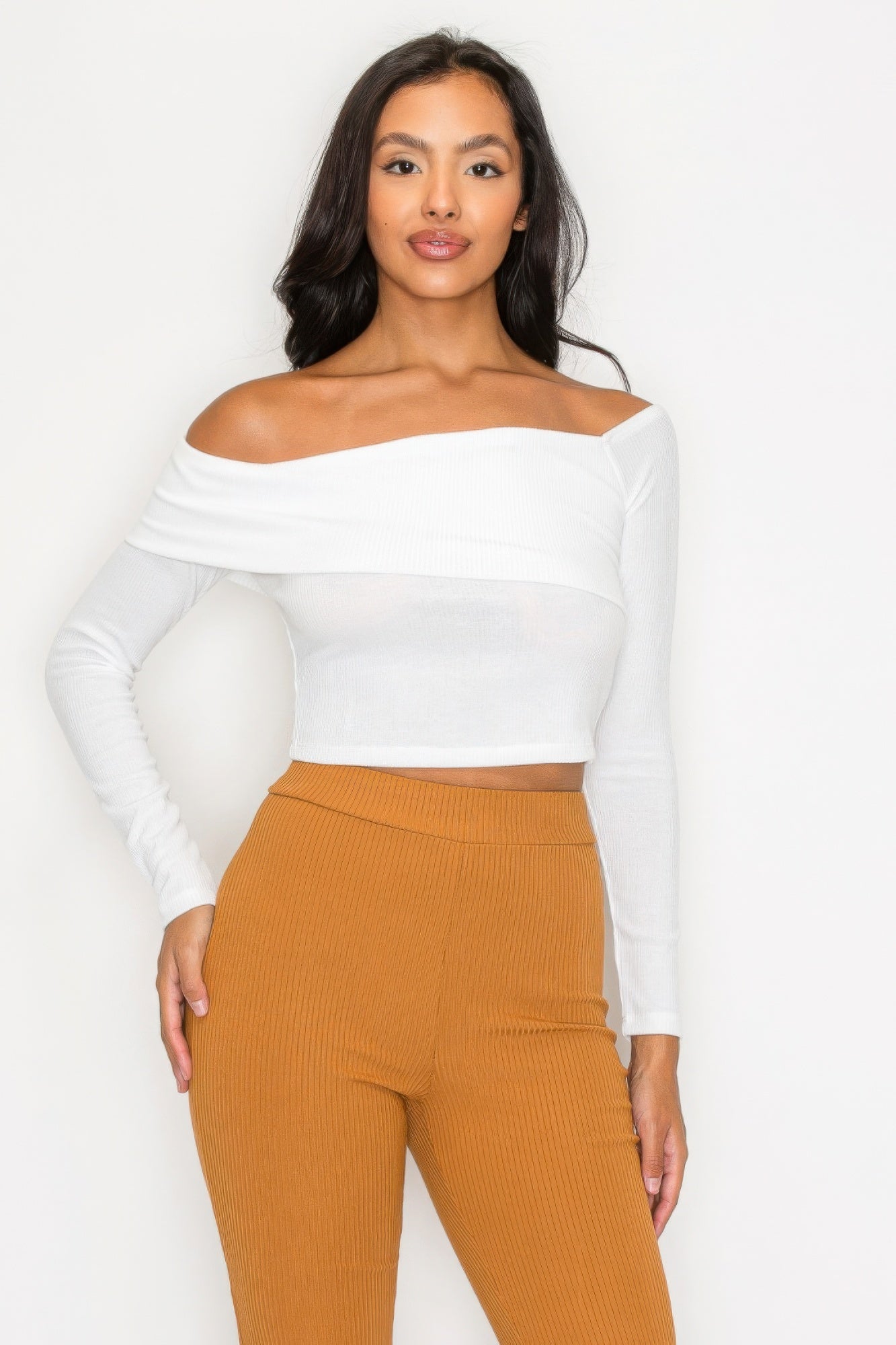 Women's Long Sleeve Crop Top Bardot Ribbed Off-shoulder Warp Stretch Solid Shirt