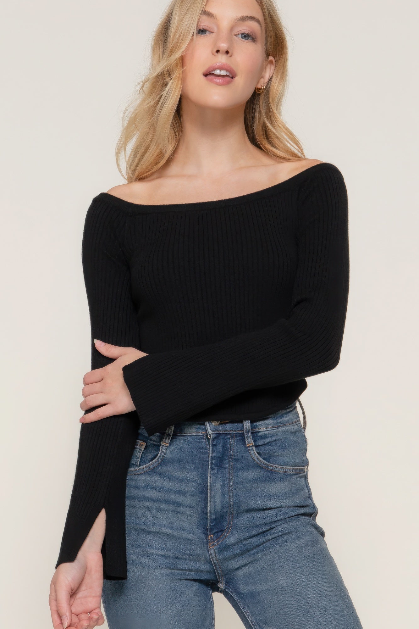 Women's Long Flare Sleeve Off Shoulder Corset Hem Cropped Sweater Top