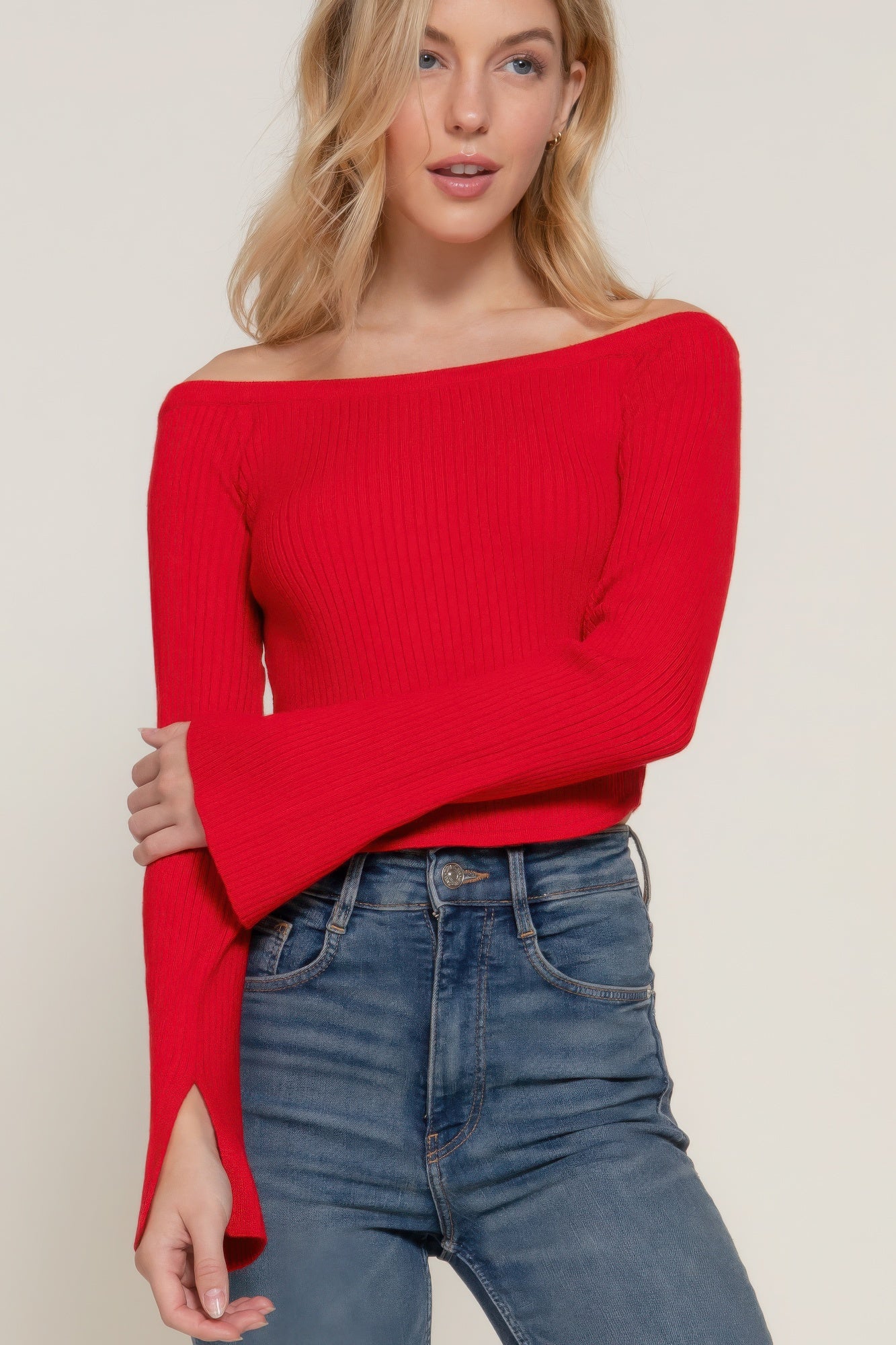 Women's Long Flare Sleeve Off Shoulder Corset Hem Cropped Sweater Top