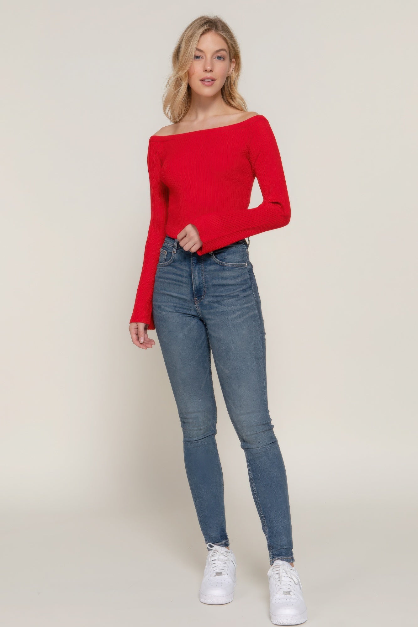 Women's Long Flare Sleeve Off Shoulder Corset Hem Cropped Sweater Top