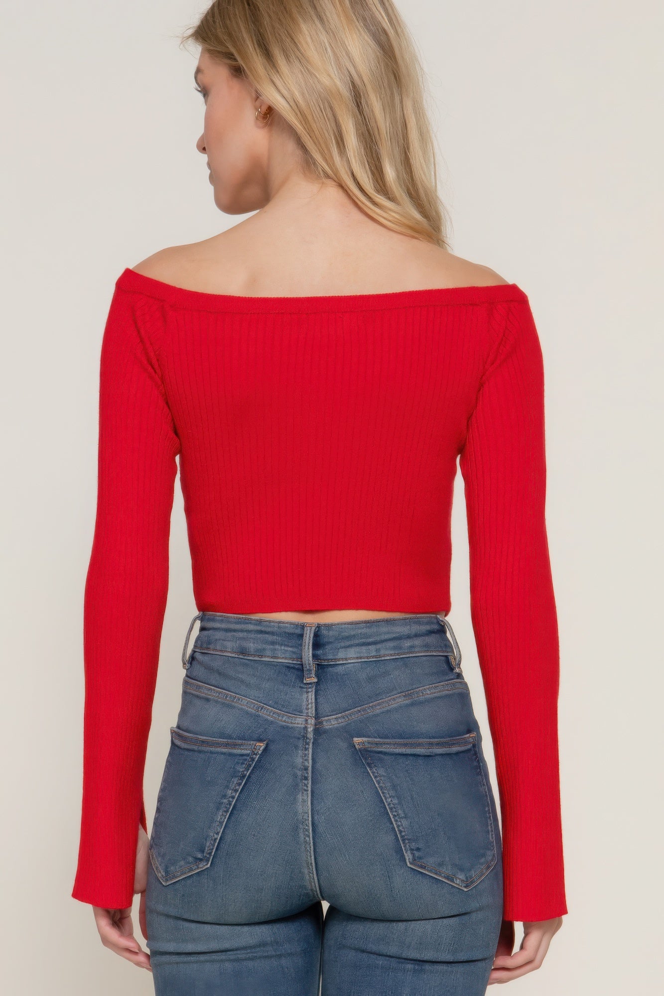 Women's Long Flare Sleeve Off Shoulder Corset Hem Cropped Sweater Top